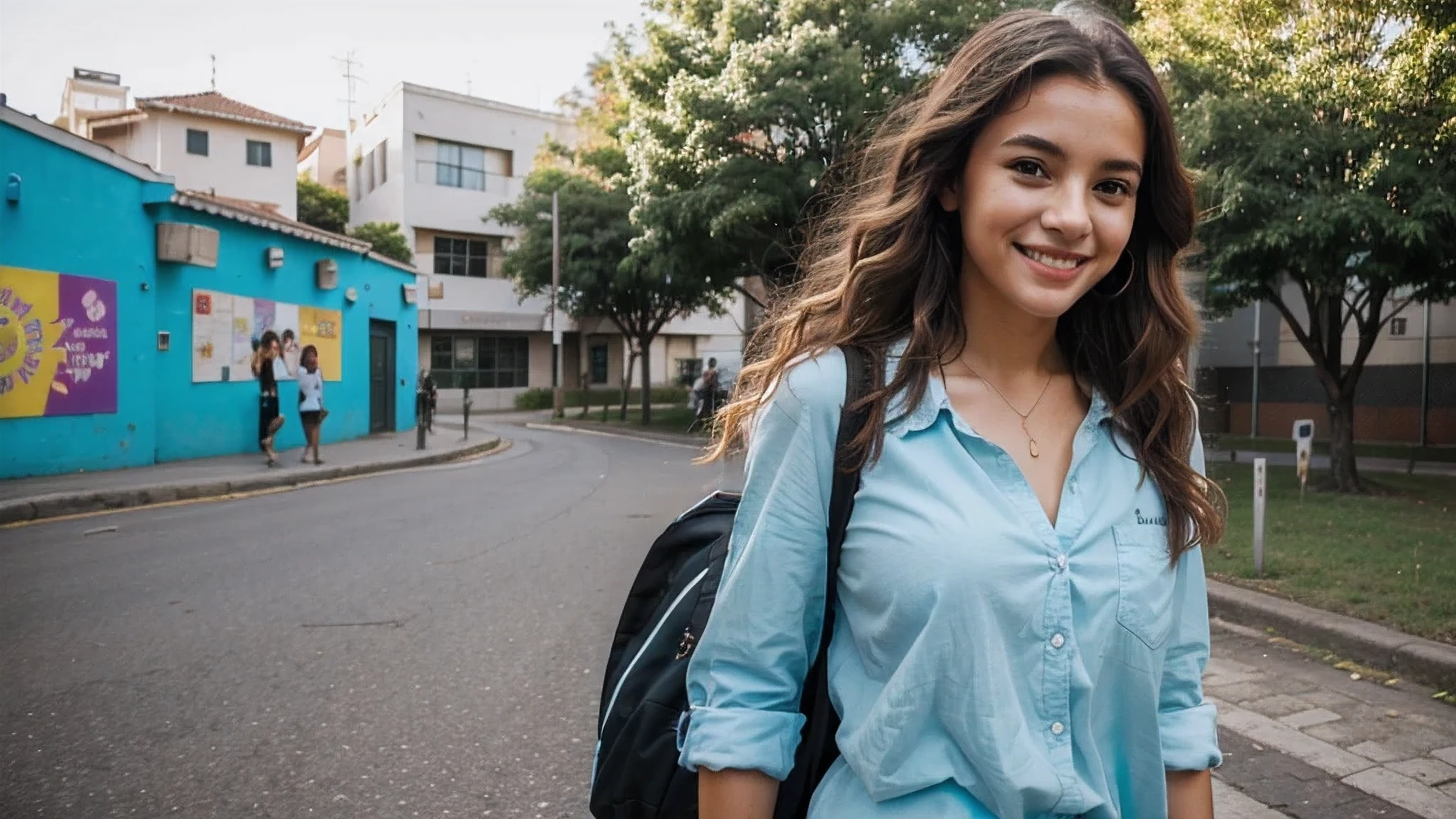 Describe a vibrant and dynamic scene of a 26-year-old Brazilian student walking through a university campus. She is wearing a light blue blouse, representando seu curso de arquiterura, and your face is lit by a contagious smile. Her hair is curly blonde,  They have colorful locks that add a touch of youthfulness and creativity to your look. Enquanto ela anda, a trail of modern paintings and graffiti unfolds behind her, portraying the diversity and energy of the academic environment. Essas obras de arte expressam a multiplicidade de culturas, ideas and perspectives that flourish in the university community, criando um ambiente inspirador e animado. 4K