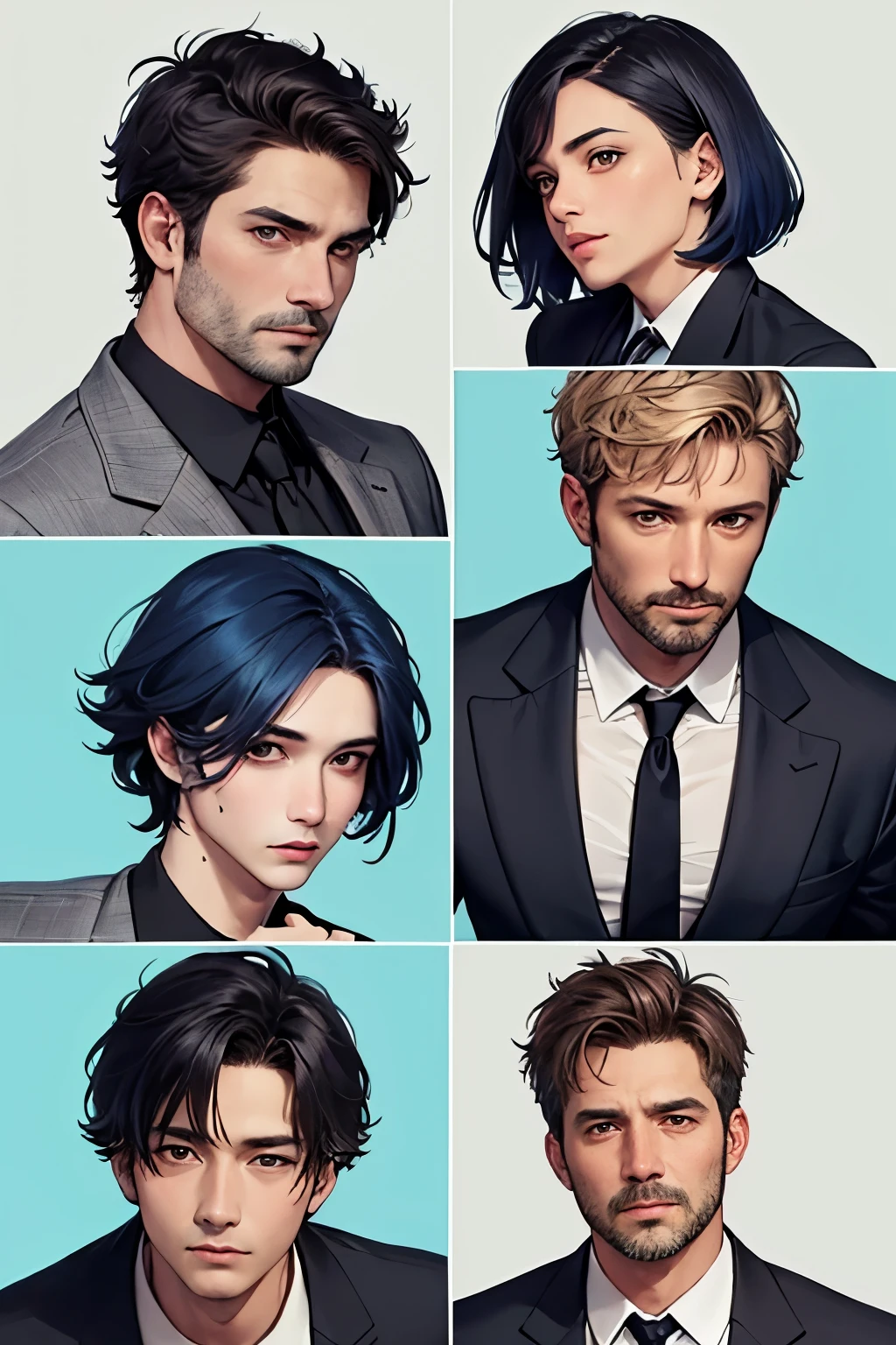 (masterpiece, top quality, beautiful and aesthetically pleasing), middle aged man, cornflower blue hair, short hair, Brown eyes, formal wear, sharp facial features,