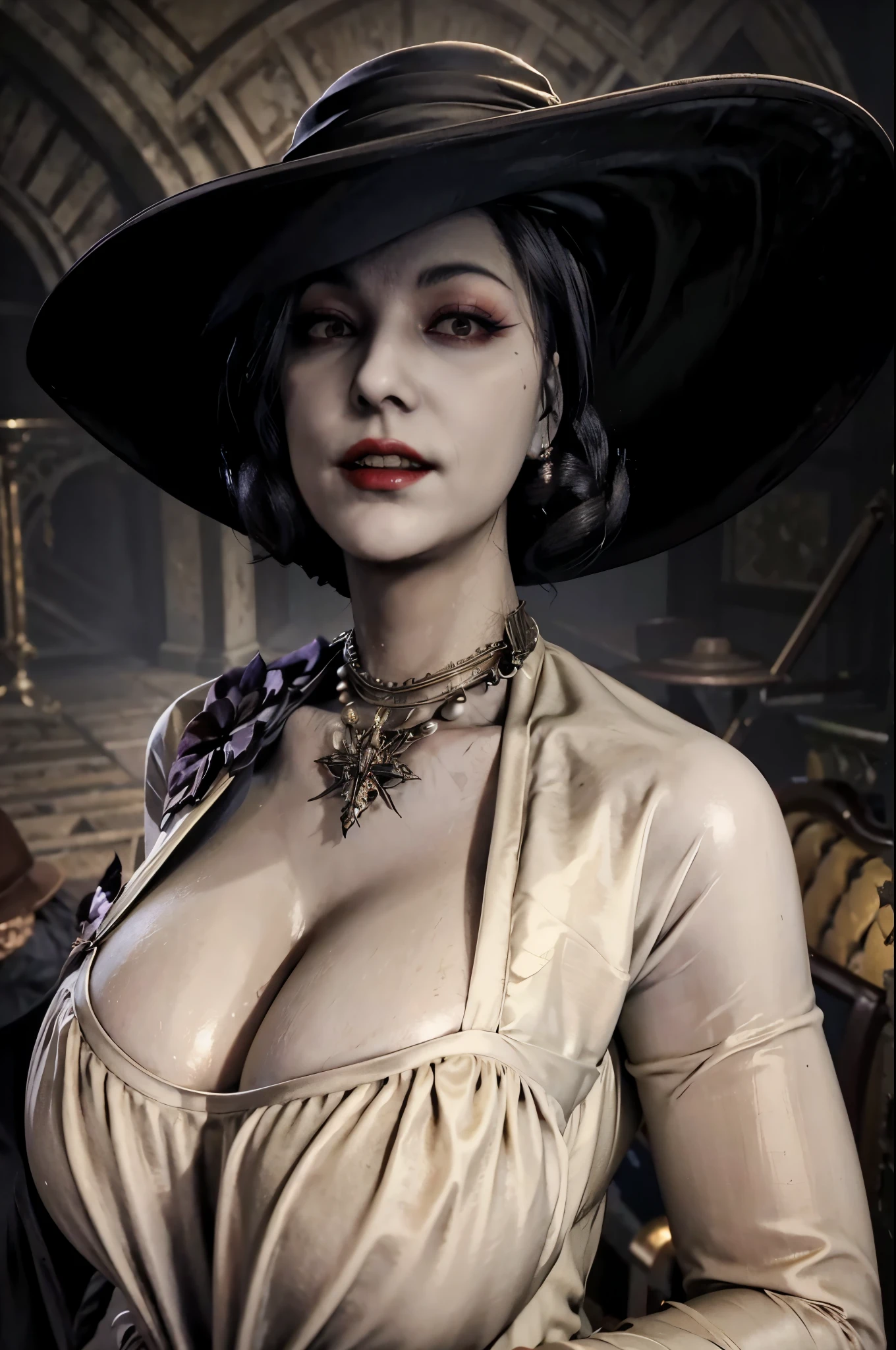 arafed woman in a large hat and dress posing for a picture, lady dimitrescu, faye valentine, portrait of lady mechanika, cinematic bust shot, portrait of a sorceress, cinematic bust portrait, elizabeth from bioshock infinite, portrait of a lady vampire, portrait of professor sinister, inspired by Howard Chandler Christy, succubus in sundress portrait