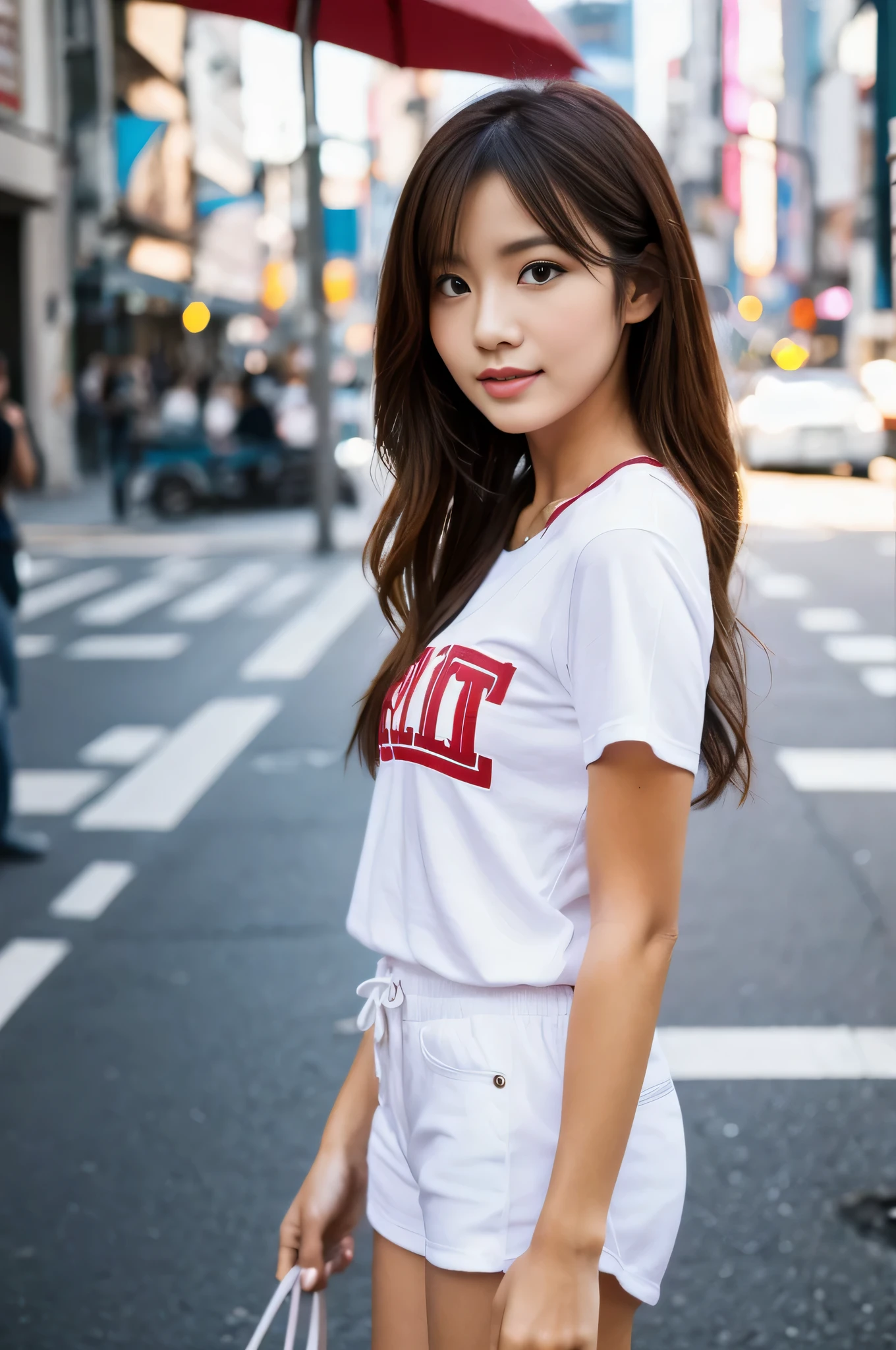 highest quality,masterpiece,32k,sharp focus,150mm,F1.4,professional lighting,cinematic lighting,natural light profile,slim and smooth lines,beautiful japanese woman,25 year old girl,Are standing,cityscape,akihabara,nice weather,ponytail,light brown hair,T-shirt,shorts,Hilarious,