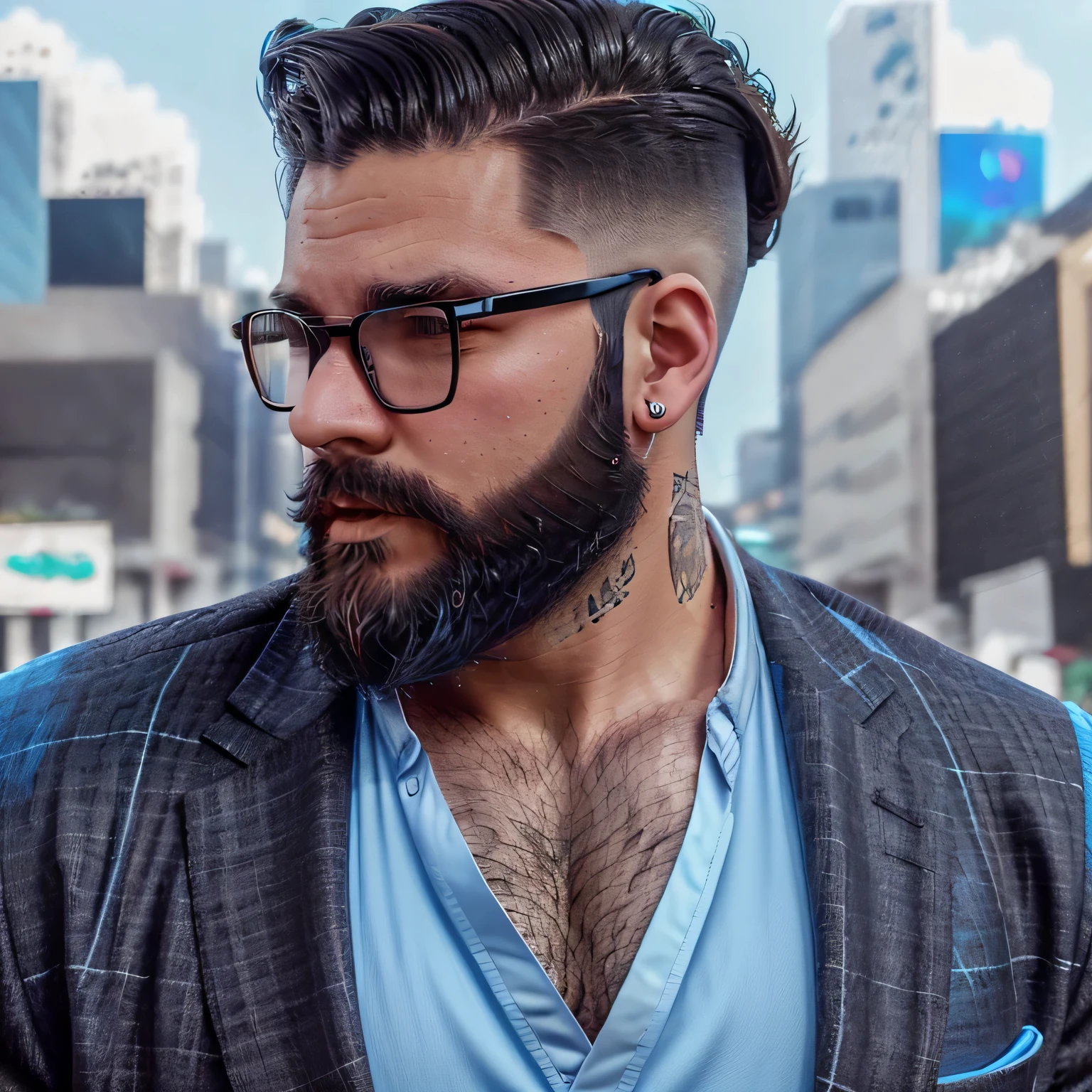 25 year old boy,( thick beard mastech ),sharp cut hair style, glasses, wearing black suit and pastel blue shirt fair skin,thick round , selfie profile photo, ultra high quality resolutions,8k details, potrait,
