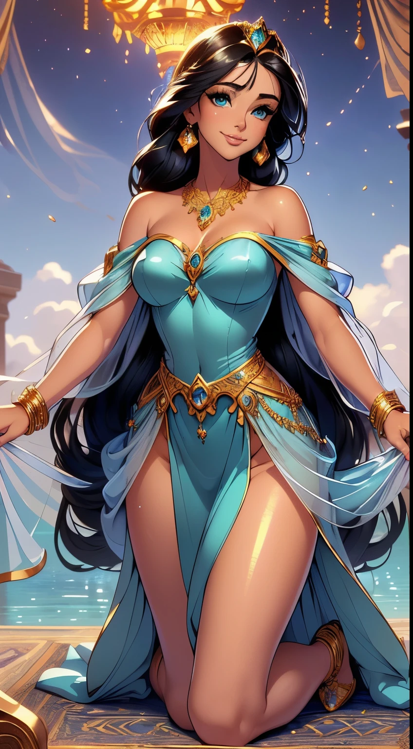 (best quality,4k,8k,highres,masterpiece:1.2),ultra-detailed,(realistic,photorealistic,photo-realistic:1.37),beautiful princess,slight sexy smile tan skin, delicate blue-green eyes, royal silk whit dress,(very transparent net cloth), fantasy, sexy and romantic look, long shiny black hair,full body figure,jewelry,chrome gold detailes