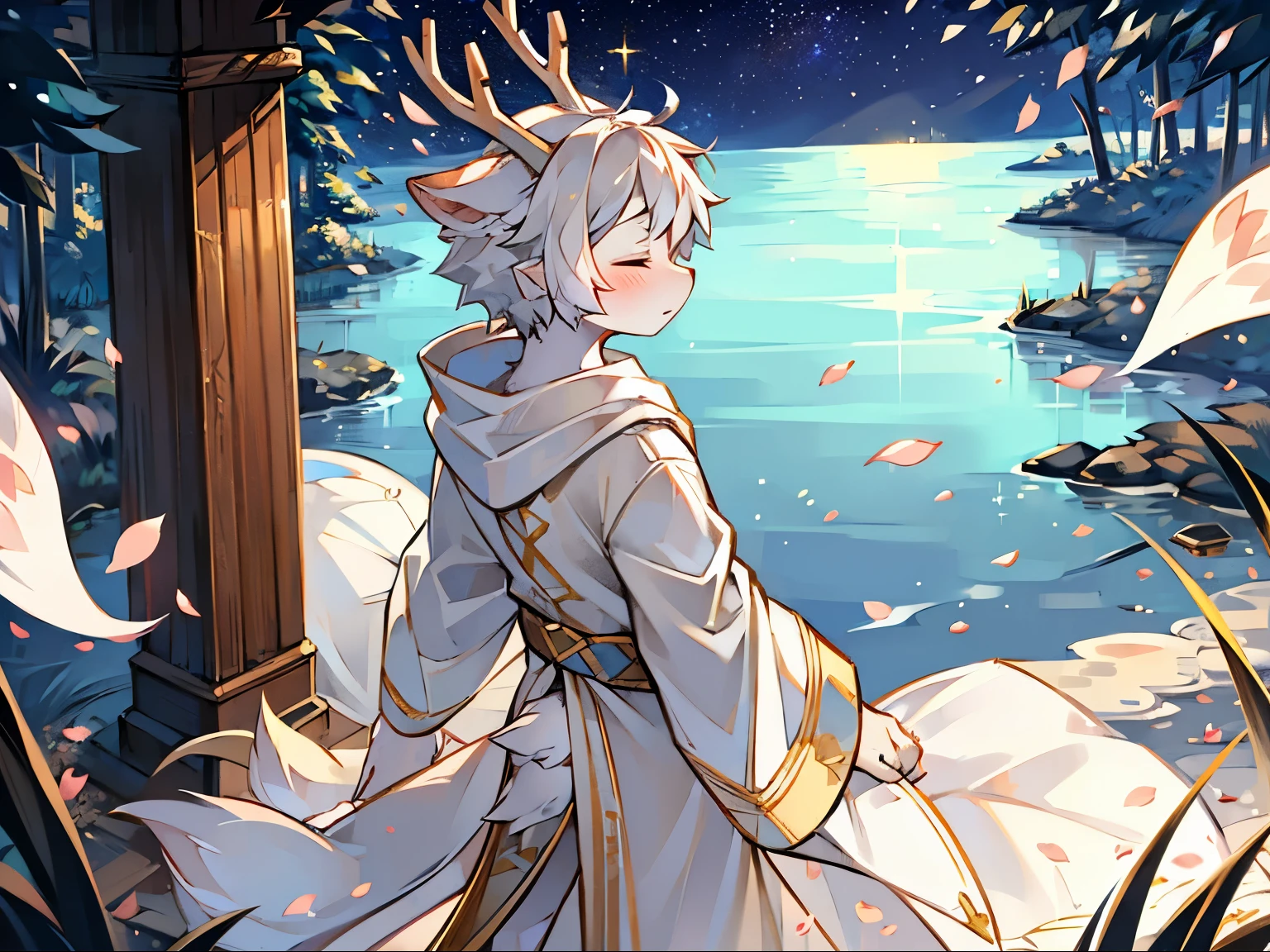 a white deer，antlers，white robe，golden decoration，Hold your hands，eyes closed，bright starry sky，lake surface，falling petals，花瓣落在lake surface，Lovely shota，petals floating on the water，bright stars，glowing petals，flowing robe