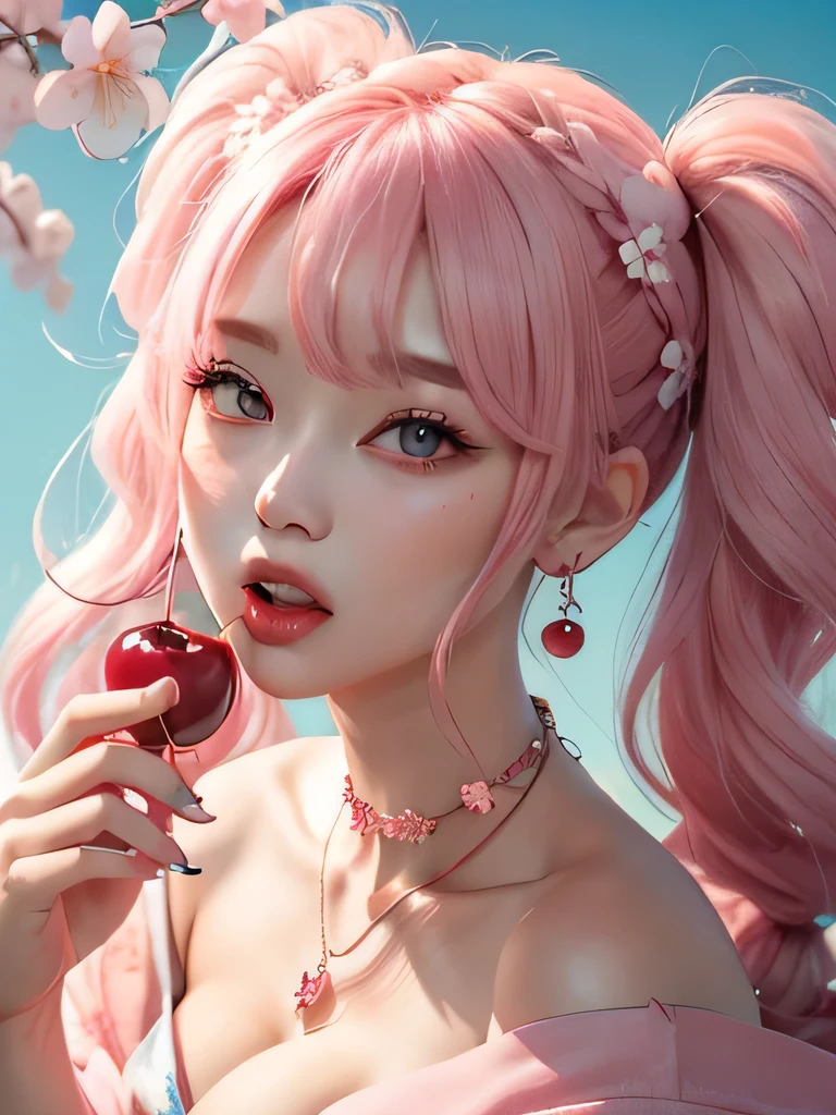 she is the cherry blossom spirit、pink eyes、pink hair、close up of face、pink eyebrows、pink teeth、pink fang、big ears、cherry blossom hair ornament、cherry blossom necklace、Cherry earrings、beautiful clavicle、twin tails、deep pink eyes、pink kimono showing collarbone、cherry blossom fairy、wing、cherry blossom background、blue sky background、red eyes、Cherry Headband、she is a pink fairy、妖精のwing根、stern look、expression of anger、I'angry、cherry blossom tattoo on neck、I can see the fangs of anger、very grim face、Braid、