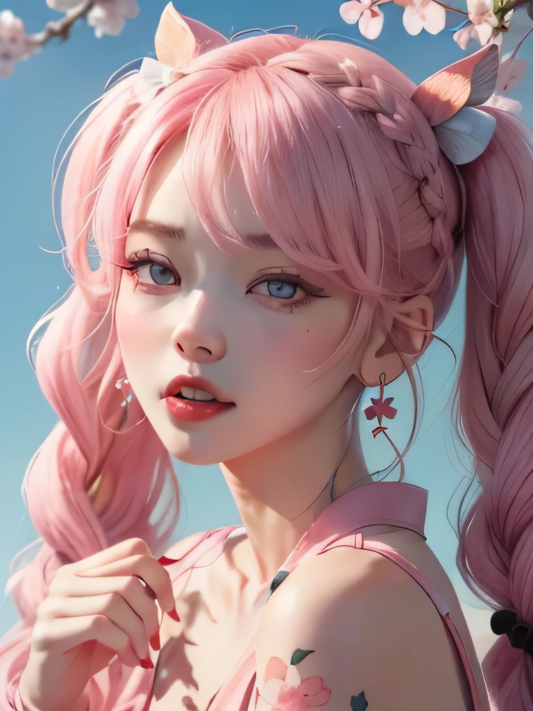 she is the cherry blossom spirit、pink eyes、pink hair、close up of face、pink eyebrows、pink teeth、pink fang、big ears、cherry blossom hair ornament、cherry blossom necklace、Cherry earrings、beautiful clavicle、twin tails、deep pink eyes、pink kimono showing collarbone、cherry blossom fairy、wing、cherry blossom background、blue sky background、red eyes、Cherry Headband、she is a pink fairy、妖精のwing根、stern look、expression of anger、I'angry、cherry blossom tattoo on neck、I can see the fangs of anger、very grim face、Braid、