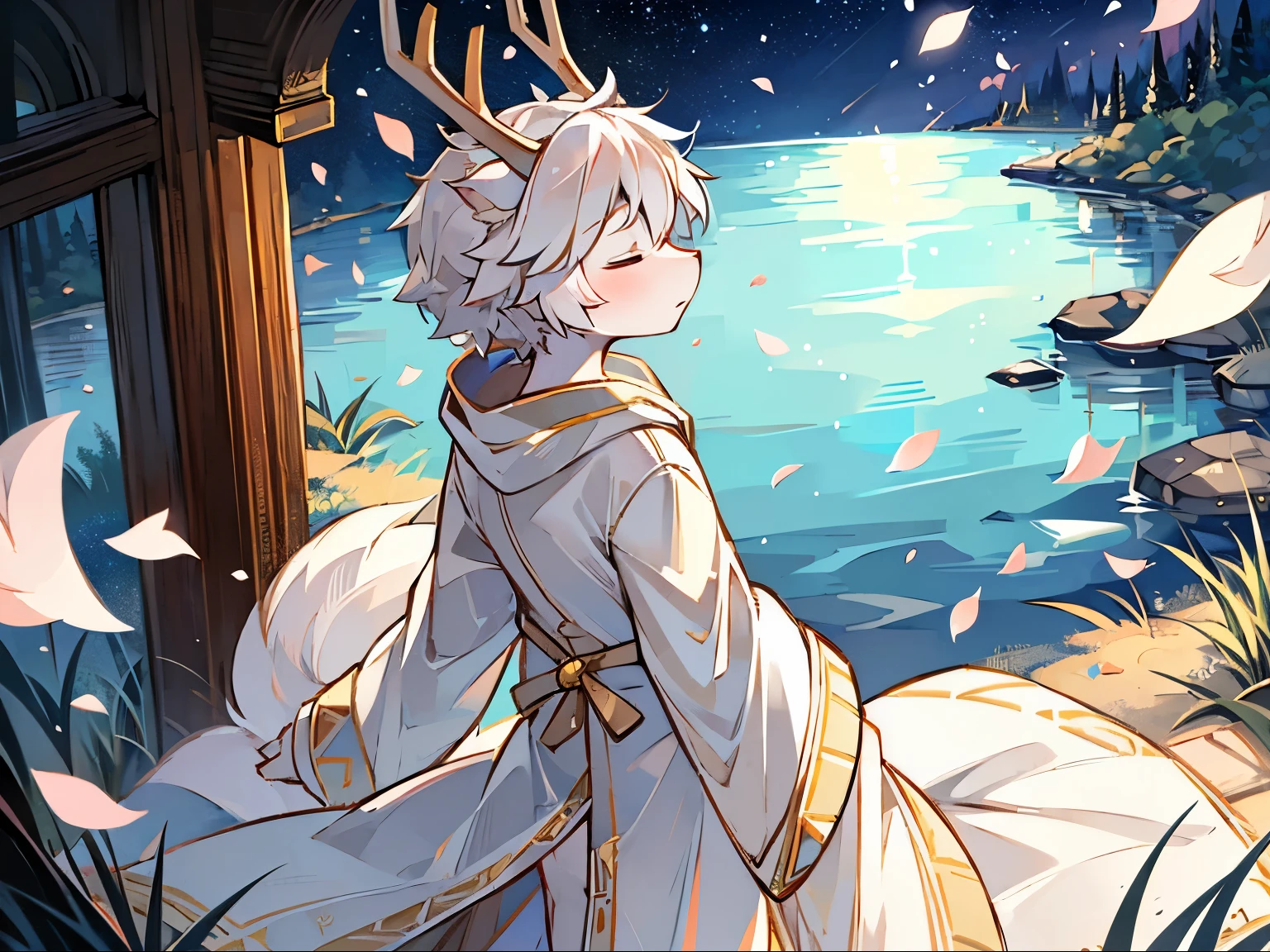 a white deer,antlers,white robe,golden decoration,Hold your hands,eyes closed,bright starry sky,lake surface,falling petals,花瓣落在lake surface,Lovely shota,petals floating on the water,bright stars,glowing petals,flowing robe