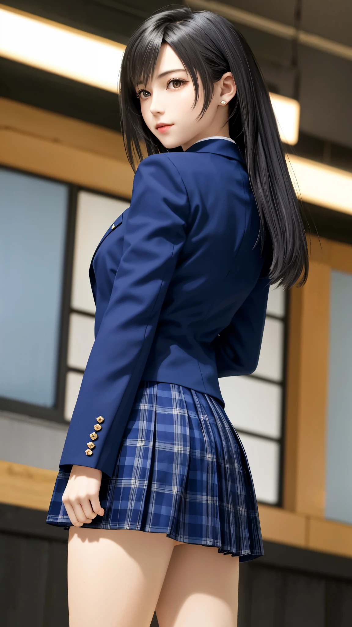 {top quality, 4k, masterpiece},{{{Realistic}}},wallpapers, BREAK {{{FF7,Tifa_lockhart,solo}}},{{{Japanese JK uniform, Navy Blue blazer, collared school shirt, long-sleeved, Navy Blue Plaid Pleated mini-Skirt, loafers}}},{{background big city, Shibuya, neon}},Cinematic lighting, city light at night,{{model pose, Nogizaka idol}},Ultra-detailed face, Detailed eyes, Red eyes, BREAK (((FF7,Tifa_lockhart))),{black brown hair, medium breasts}, BREAK , About 18 years old, kawaii,{{{face focus, back hair}}}, looking back, Beautiful legs,  