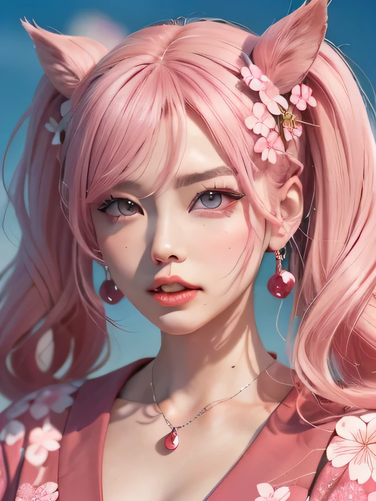 she is the cherry blossom spirit、pink eyes、pink hair、close up of face、pink eyebrows、pink teeth、pink fang、big ears、cherry blossom hair ornament、cherry blossom necklace、Cherry earrings、beautiful clavicle、twin tails、deep pink eyes、pink kimono showing collarbone、cherry blossom fairy、wing、cherry blossom background、blue sky background、red eyes、Cherry Headband、she is a pink fairy、妖精のwing根、stern look、expression of anger、I'angry、cherry blossom tattoo on neck、I can see the fangs of anger、very grim face、Braid、