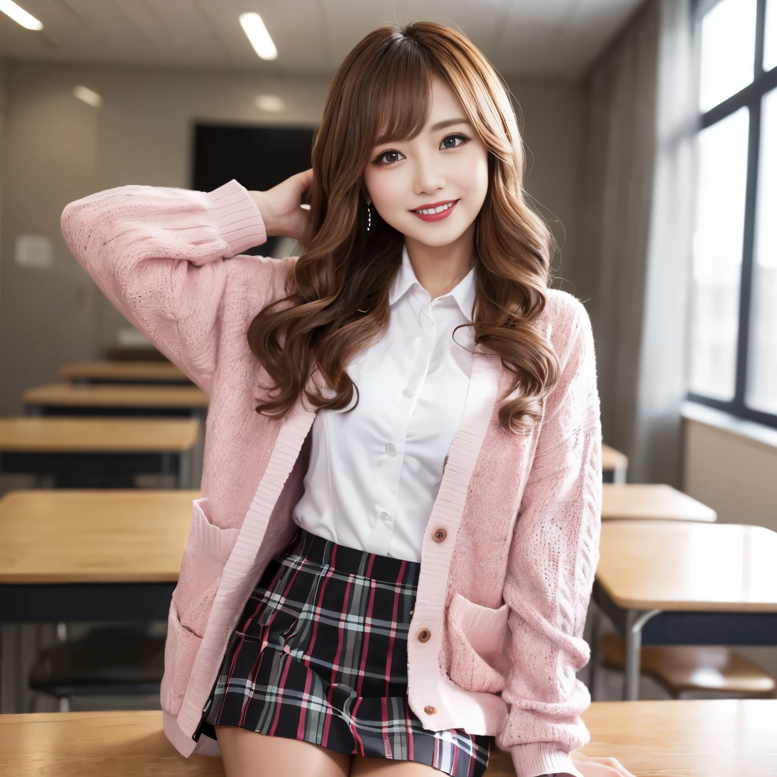 ((highest quality、table top、8K、best image quality))、(1 photo:1.5)、highly saturated、1 、((pink cardigan、white uniform shirt、plaid pleated skirt))、the happiest smile、best smile、Please show your teeth and smile、Please look at me、(wavy hair)、The background is a school classroom、lipstick、perfect makeup、emphasize body line、big and full breasts、(accurate anatomy:1.3)、(perfect hair:1.2)、sculpture installation、(exact cardigan:1.3)