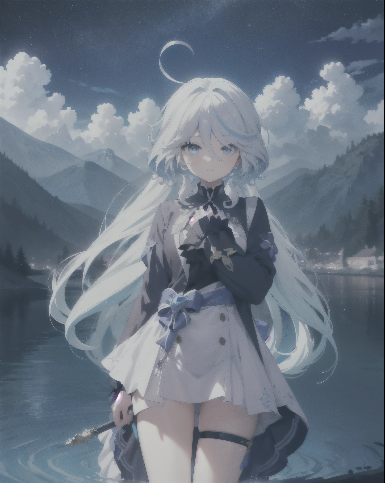 1 girl, Eye, close up, beautiful night sky, meteor shower, beyond the clouds, surrounded by water, Reflection, wide angel, stunning clouds, wide angle, by holosomnialandscape, high dynamic range, Volumetric lighting, Ray tracing, an intricate, high detail, Very detailed, By, 4k vertical screen wallpaper,, rich and colorful, airy, anime illustration, Anime nature wallpaper