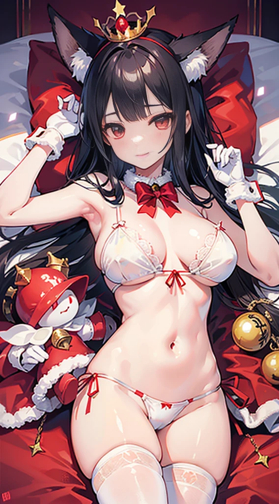high quality, masterpiece, super detailed, 1 girl, extremely detailed faces, Christmas white lace latex bikini,White gloves,white christmas stocking,Red Lantern,red christmas carpet,maid crown,mad,handcuffs,collar,Calm expression,Smile,handcuffs,collar,long black hair, charming pink eyes, fox ears, Ridiculously big, shiny skin, Lying in bed,Bright Christmas decorated room