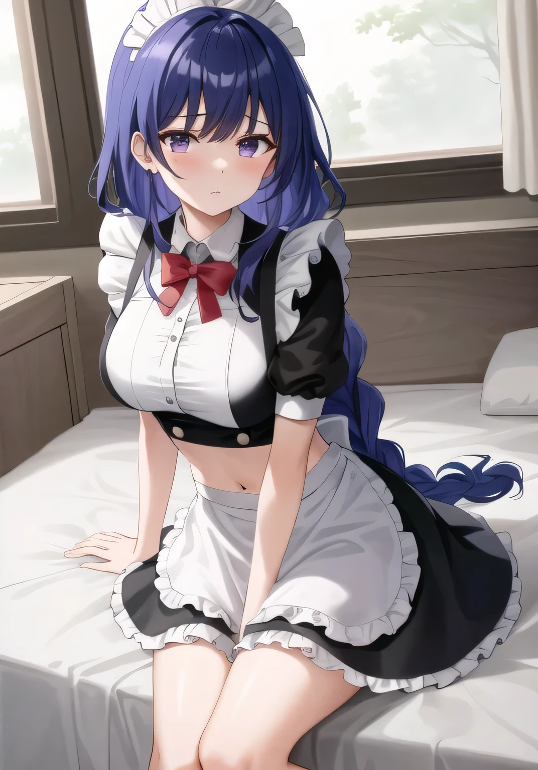 (masterpiece, best quality, super detailed), General Thunder \(Genshin Impact\), (#4143 color hair),, long hair, Scan your bangs, braid, braided bangs, purple eyes,,
(Coffee maid outfit：1.2), Sitting on hotel bed，Black,
big breasts, Thick thighs, Put your arms behind your back, shy face, crop top, Strong and seductive expression,,