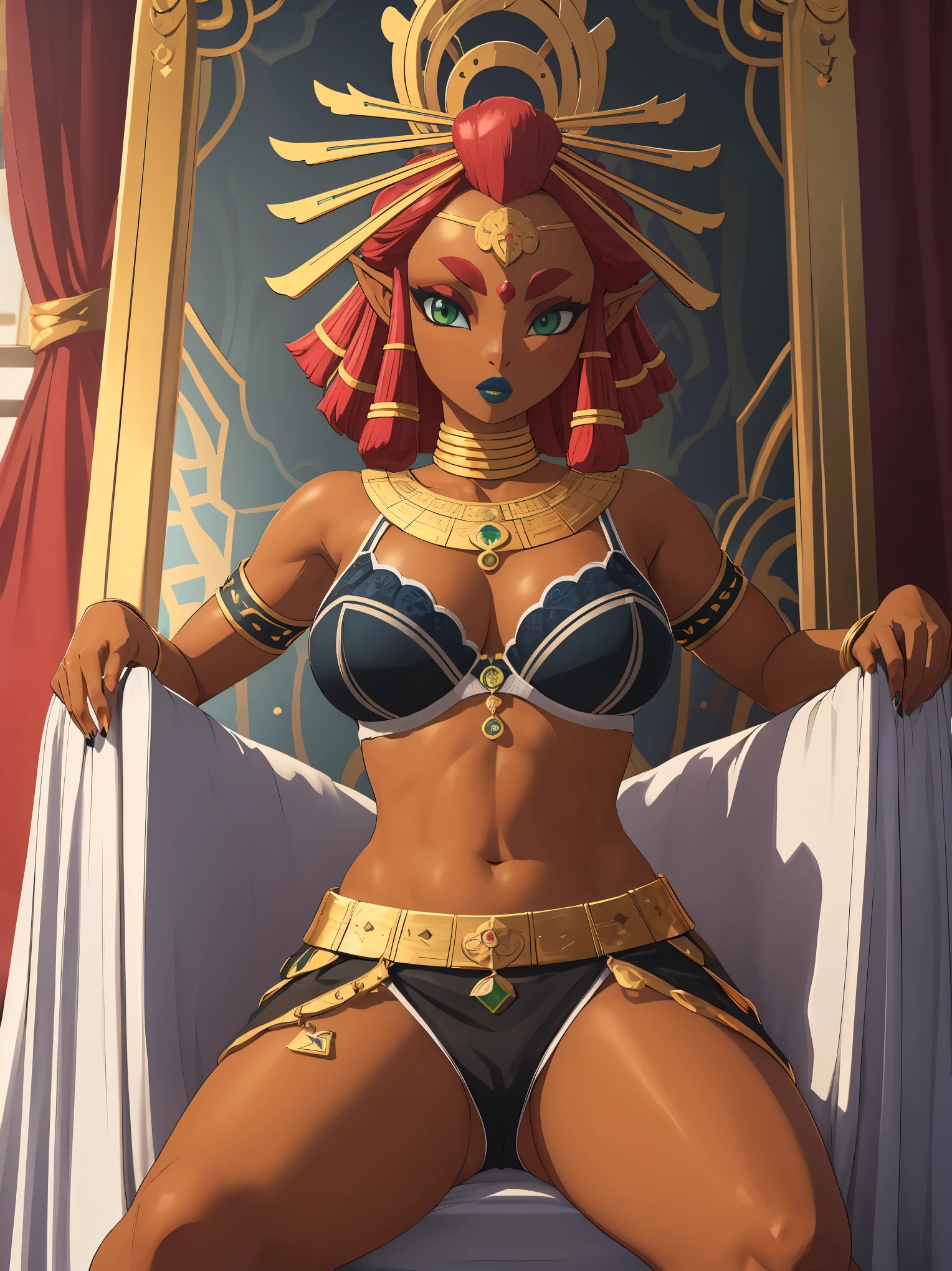 Big breasts, green eyes, dark blue lips, sitting on a throne, bra, black stockings, Riju