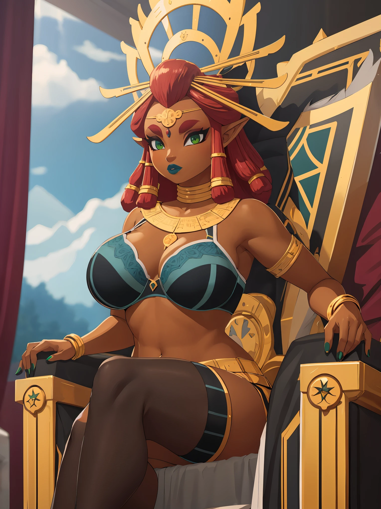 Big breasts, green eyes, dark blue lips, sitting on a throne, bra, black stockings, Riju