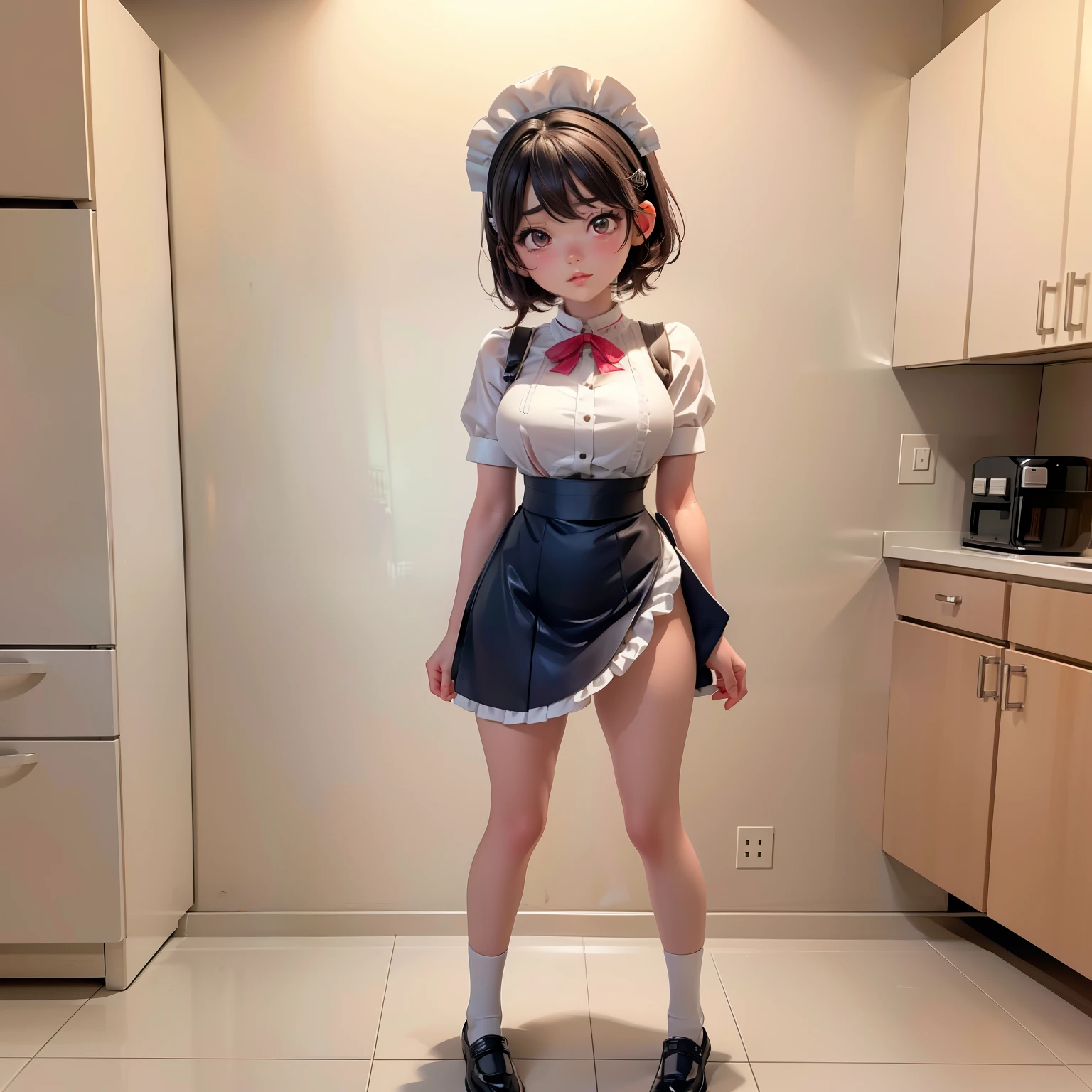 Eimi Fukada, standing in a kitchen, maid, ((alone)), true to life body, make it real, ((perfect face)), detailed face, cinematic lighting, Masterpiece, highly detailed, high definition, detailed scenery, ((hyperrealistic anime)), ((full body:1.4))