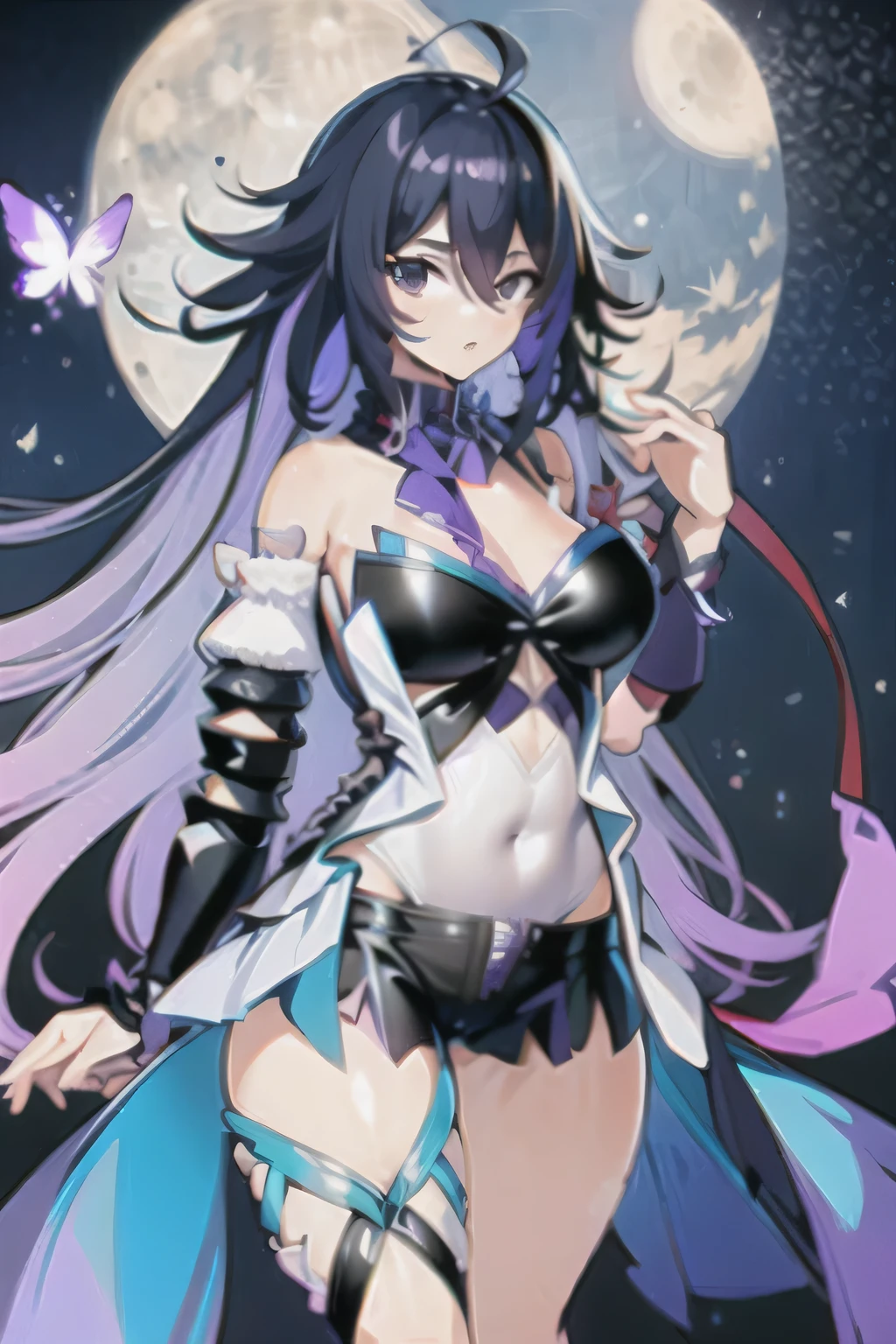 Stomach,1 girl,Butterfly,loopholes,purple eyes,long hair,moon,alone,purple hair,garlic,Chest,full moon,bare shoulders,Bangs,Cover belly button,looking at the audience,hair between eyes,colorful hair,skirt,blue Butterfly,tights,separate sleeves,Split,black hair,scarf,Soul enriched,, masterpiece,best quality,8K,official art,movie lighting,ultra high definition,plump thighs,huge