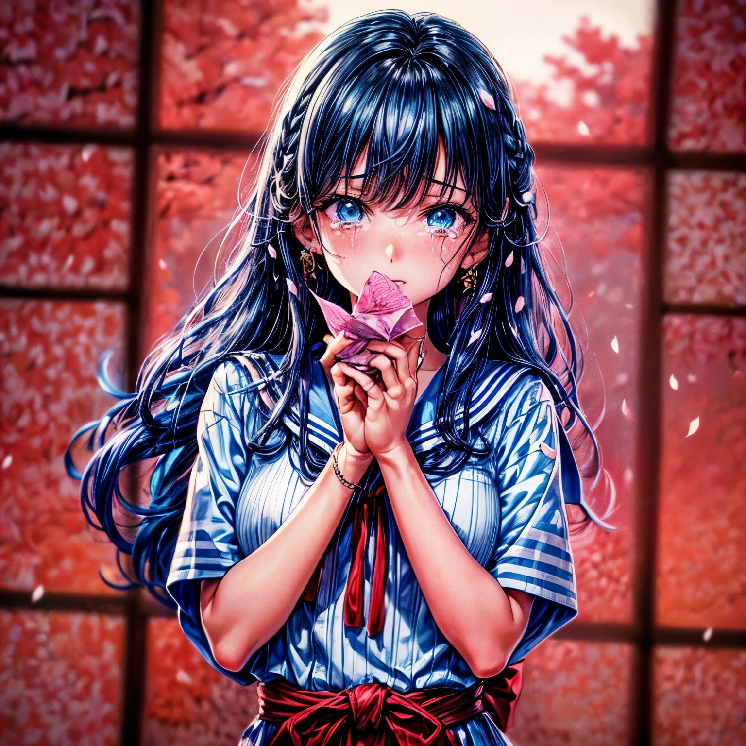 highres, extremely details, dramatic brightness, best quality art, 32k, 8K wallpaper, 4K digital animation, (1980s Japanese anime art:1.5). 1girl, she sad and remember a boy friend, he moved from school. (Her hair color is black:1.3),((a photo of girl, 1980s Japanese idol hairstyle:1.7)),(blue eyes :1.3),(detailed eyes and tears:1.3),close up upper body, (she wearing a sailor suit uniform in the room:1.5),(She holding a crumpled old paper in hand:1.5), (She looking memo on this crumpled paper:1.3), (The cherry blossom trees shine beyond the window:1.3)