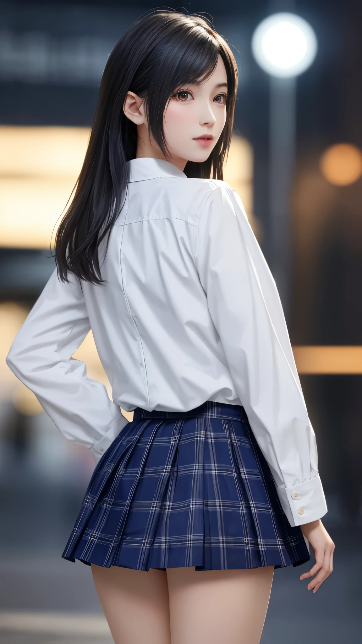 {top quality, 4k, masterpiece},{{{Realistic}}},wallpapers, BREAK {{{FF7,Tifa_lockhart,solo}}},{{{Japanese JK uniform, Navy Blue blazer, collared school shirt, long-sleeved, Navy Blue Plaid Pleated mini-Skirt, loafers}}},{{background big city, Shibuya, neon}},Cinematic lighting, city light at night,{{model pose, Nogizaka idol}},Ultra-detailed face, Detailed eyes, Red eyes, BREAK (((FF7,Tifa_lockhart))),{black brown hair, medium breasts}, BREAK , About 18 years old, kawaii,{{face focus, back hair}}, looking back, Beautiful legs,