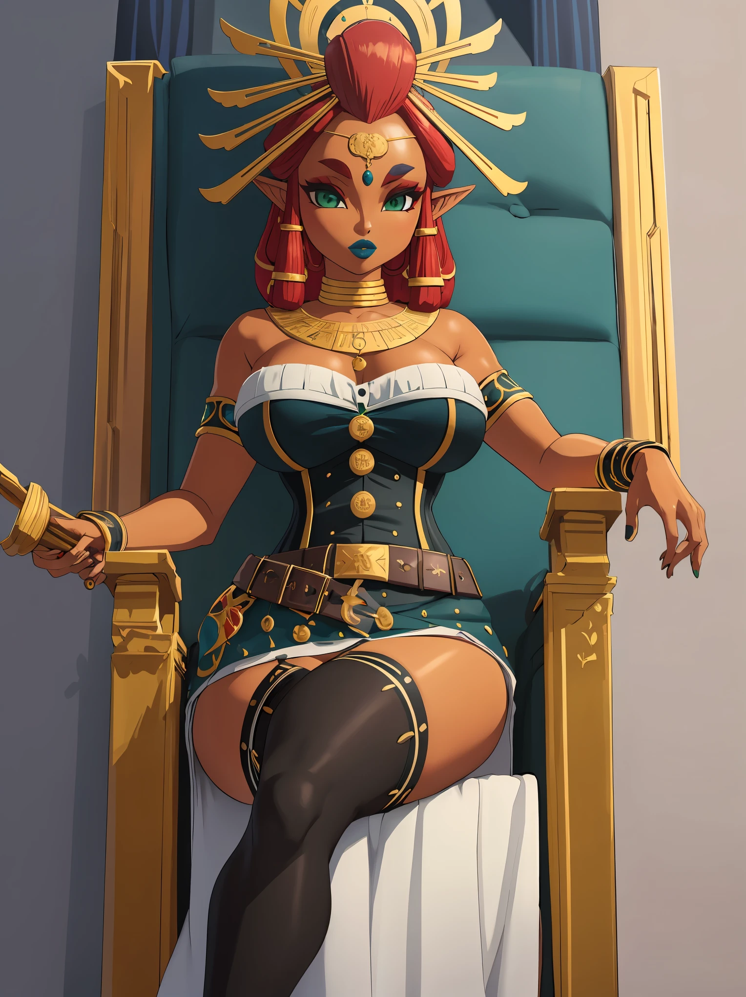 Big breasts, green eyes, dark blue lips, sitting on a throne, corset, black stockings, Riju