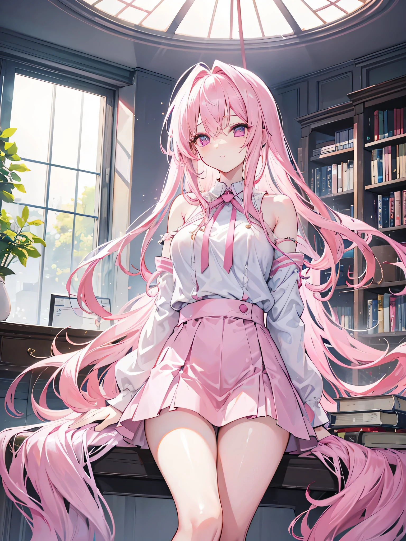 Light pink hair curtain，Long pink hair exudes light，Detailed description of hair，light pink eyes，Hair a little messy，White with blue sailor suit，breast protrusion，One hand pulls up the hair curtain，In the library，sit on the chair，，Next to the window，sunlight shining through，big white legs，Leg series depiction，Dumb expression，legs slightly apart，Girl in short skirt，Hold your chest with one hand，Place one hand flat at your side，Squeeze the chest，Wet nipples protrude，