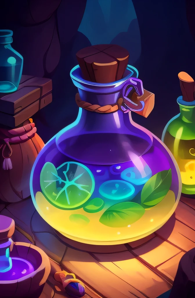 brewing lotion in witch hut,color，colorful，lotion of healing, lotion, lotion belt, lotion, health lotion, Fantastic terrarium graphics, glowing jar, cel shading, making a lotion, Alchemist&#39;vial pain，Dreamy and magical