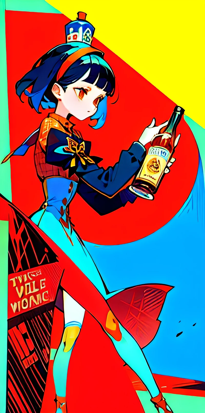 Pattern with alcohol with motif high resolution, remove the legs, pit orange slice instead and on the bottle there must be a text saying "whiskey", fix the hands
girl