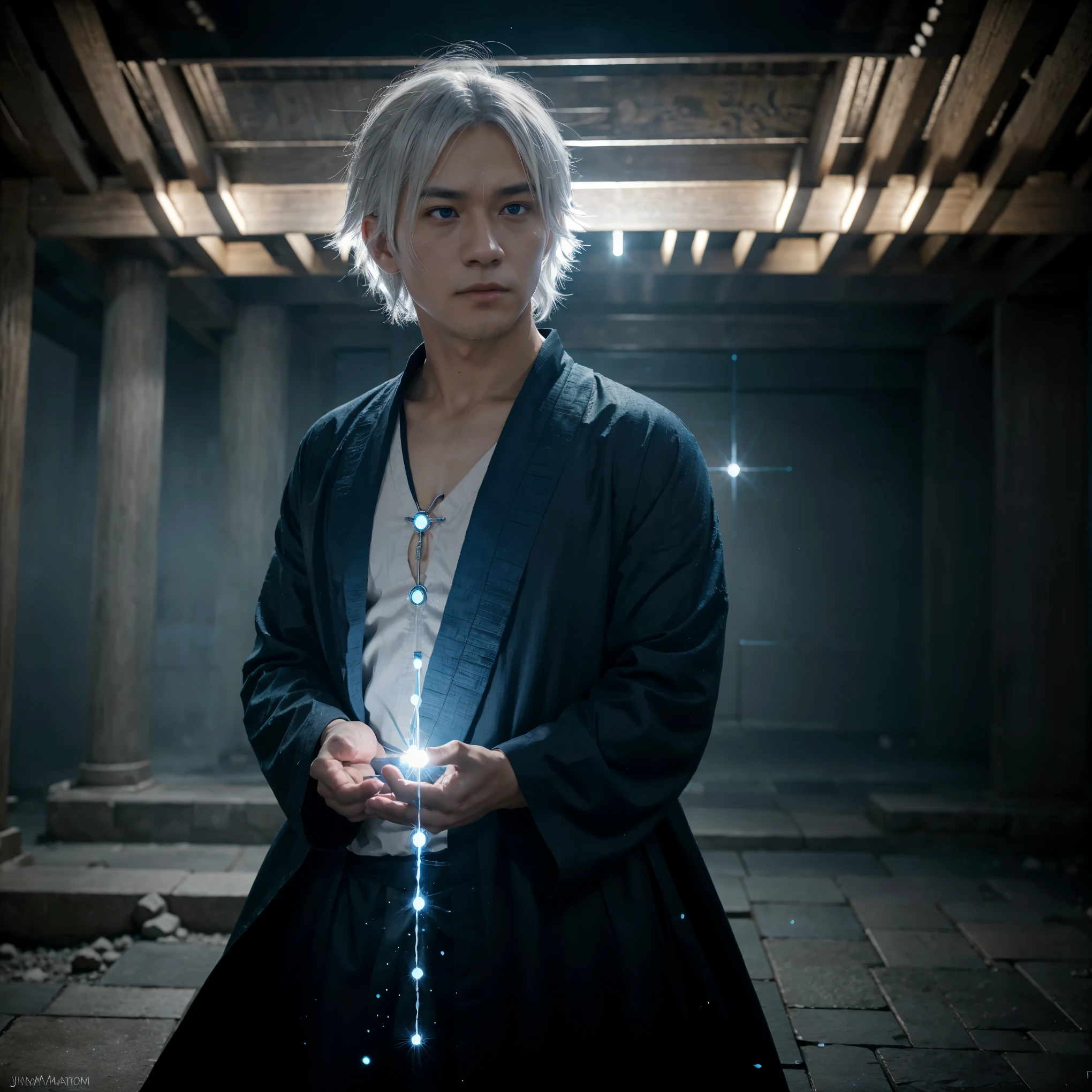 Prompt: (masterpiece, illustration, anime:1.3), Satoru Gojo from Jujutsu Kaisen, (classic black attire:1.2), standing inside a temple at night, (messy white hair:1.1), (blue eyes emitting blue light:1.2), (calm expression:1.1), (uncovered eyes:1.1), (powerful presence:1.2), (mystical atmosphere:1.2), (subtle moonlight:1.1), (intricate temple architecture:1.2), (ominous shadows:1.1), (flowing robes:1.1), (detailed folds and creases:1.1), (intense blue aura:1.2), (symbols of power surrounding him:1.1), (magical energy radiating:1.2), (spellcasting gestures:1.1), (mysterious artifacts:1.1), (ethereal particles:1.1), (dynamic pose:1.2), (epic soundtrack:1.2), (sense of awe:1.1), (magical prowess:1.1).
This prompt depicts an anime illustration featuring Satoru Gojo from Jujutsu Kaisen. Gojo is shown wearing his classic black attire inside a temple at night. His white hair is messy, and his blue eyes emit a radiant blue light. The illustration captures Gojo's calm expression, powerful presence, and the mystical atmosphere of the scene. The temple's intricate architecture, subtle moonlight, and ominous shadows add to the overall ambiance. The prompt emphasizes Gojo's intense blue aura, spellcasting gestures, and the sense of awe surrounding his magical prowess. The artwork aims to showcase the captivating nature of Satoru Gojo as a radiant sorcerer.