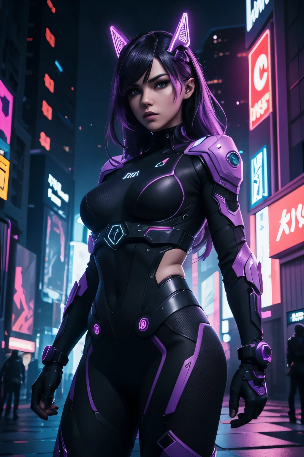 In the heart of the cyberpunk metropolis, a three-dimensional character comes to life with cartoonish exaggeration. The protagonist's body, imbued with a neon-lit allure, stands out against the solid color background. Holo pentagons, three-dimensional and colored in a captivating purple hue, intertwine and dance as part of the background, adding an extra layer of depth and intrigue to the scene.

The character's features are defined with bold lines and sharp angles, their expression a mixture of curiosity and determination. Their clothing is a hodgepodge of technologically advanced fabrics and cybernetic enhancements. The character's eyes, with
