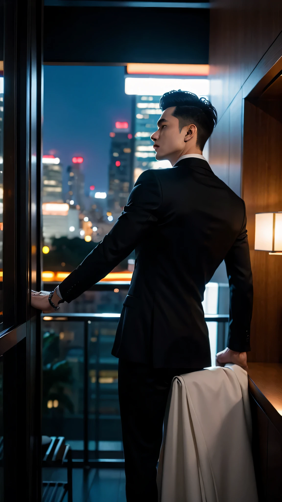 (masterpiece, best quality) very realistic, slim, handsome man, age 18, white man, indonesian, sundanese, wearing black tuxedo, many crowds, hollywood, back view, thin, lean, ultra long shot, night at hotel balcony, looking the city, black tuxedo