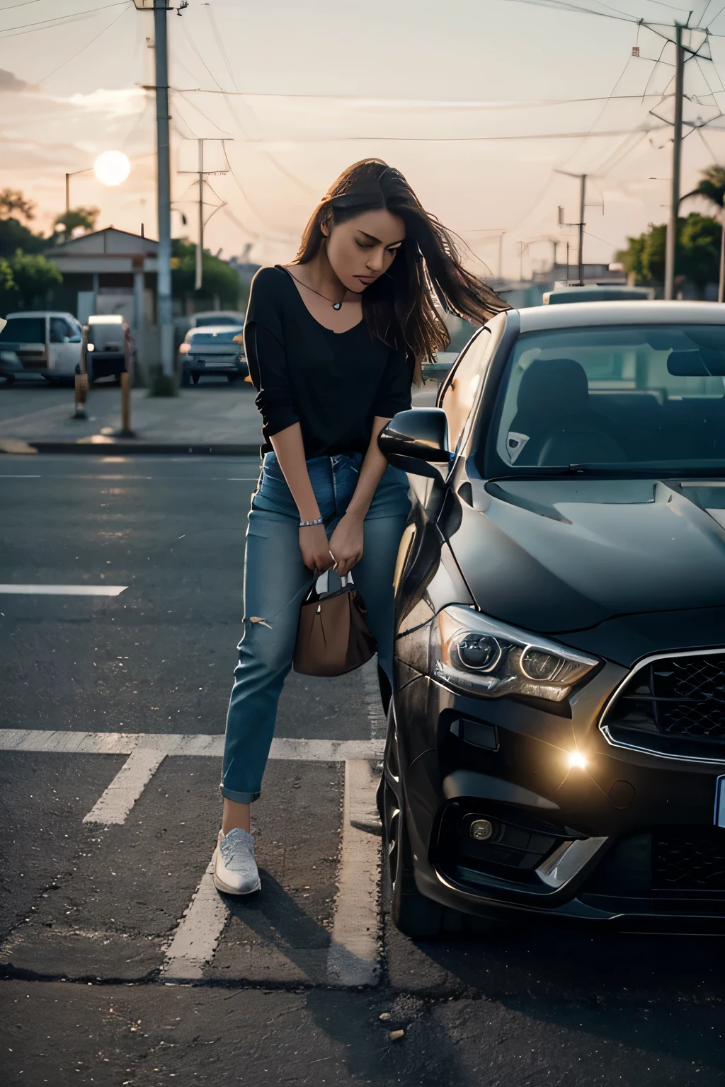 Imagine uma cena ao entardecer em um estacionamento quase vazio, com a luz do sol poente criando longas sombras e batendo de lado, destacando a textura do asfalto e os contornos dos poucos carros estacionados. No centro da imagem, focalize uma pessoa de meia idade, with marked features of concern – furrowed eyebrows, eyes scanning the floor, lips pressed into a thin line. A pessoa is dressed casually, com uma camisa de manga curta levemente amassada e jeans, sugerindo que ela estava em uma atividade cotidiana antes desse momento de ansiedade.

She holds a slightly open purse or backpack in one hand, while the other hand is stuffed into his pants pocket in a frantic search, clearly demonstrating that she is looking for something lost. Ao redor, scattered on the floor, podem ser vistos itens comuns que uma pessoa poderia tirar enquanto procura desesperadamente por algo importante: uma pequena carteira, um celular, algumas moedas, e talvez um molho de chaves de casa, mas notavelmente ausente, as chaves do carro.

O fundo da cena deve ser desfocado, com um leve efeito bokeh criado pelas luzes dos postes do estacionamento, para manter o foco na pessoa&#39;Expression e ação intensa. The lighting should be such that it creates a soft contrast, destacando os detalhes da Expression preocupada e dos objetos ao redor, sem ser muito dura ou muito suave.

Include a slight reflection of the sunset on metal objects on the floor, to add a touch of realism and depth to the scene. A pessoa&#39;Expression, combined with lighting and surrounding elements, must convey a clear story of concern and urgency in finding lost car keys."

This prompt is designed to capture not only the image of a worried person who has lost their car keys, but also to invoke an atmosphere that complements the emotion of the scene. Special attention to details, as lighting, Expression facial, and the arrangement of objects, is crucial to creating a 