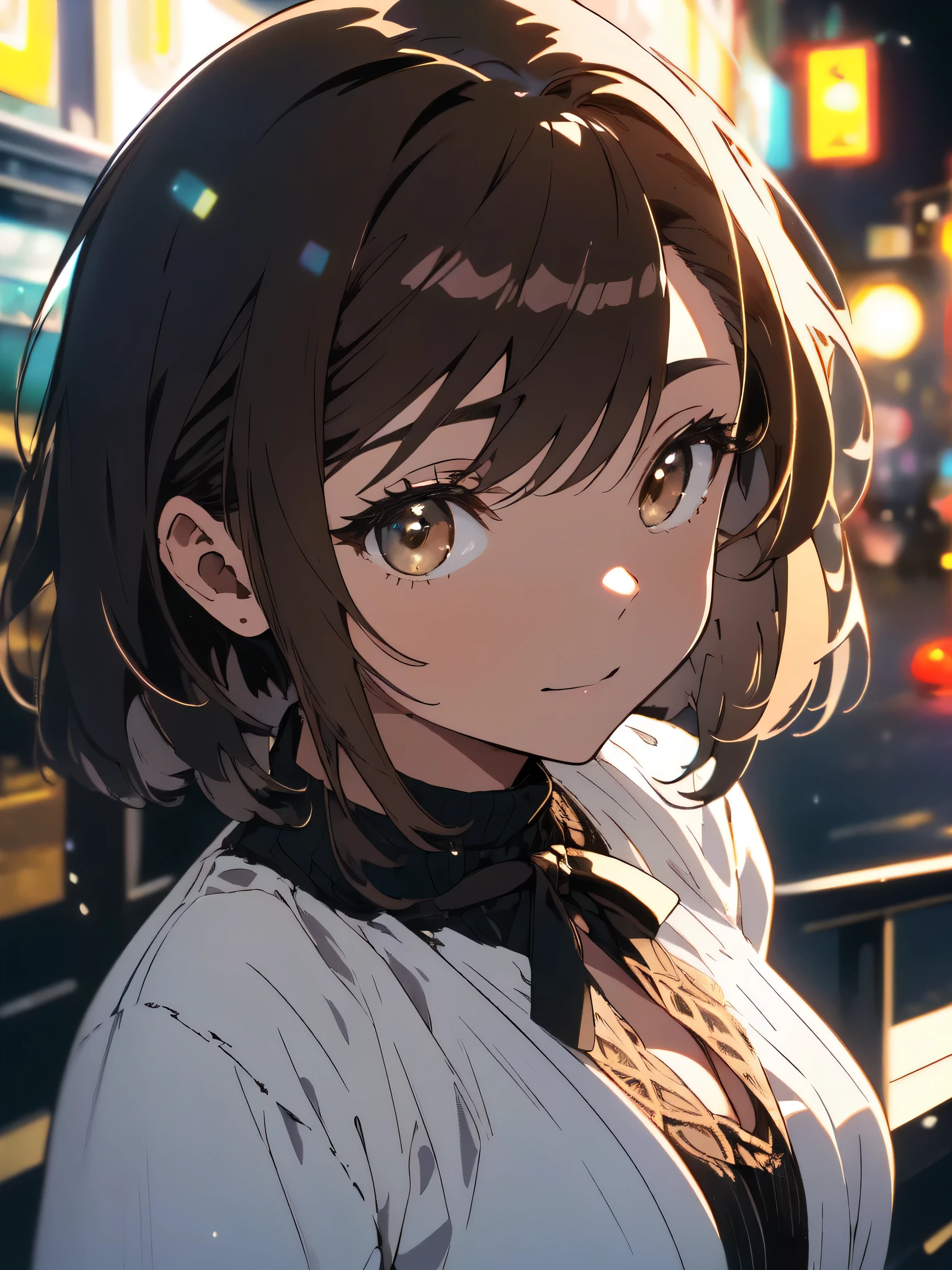 night, photograph, (((so beautiful))), (so beautiful肖像画))),(beautiful animeアート) ,(Two-dimensional beautiful girl),(1 20 year old girl), ((knit)),sexy ,(whole body), ((short cut natural brown hair)), [brown eyes],A gentle smile looking at the camera(cleavage), ((masterpiece, 最high quality, Super detailed, movie light, intricate details, High resolution, 8K, very detailed)), detailed background, 8k uh, Digital single-lens reflex camera, soft lighting, high quality, film grain, Fujifilm XT3, shallow depth of field, Natural light, perfect face,(beautiful anime)