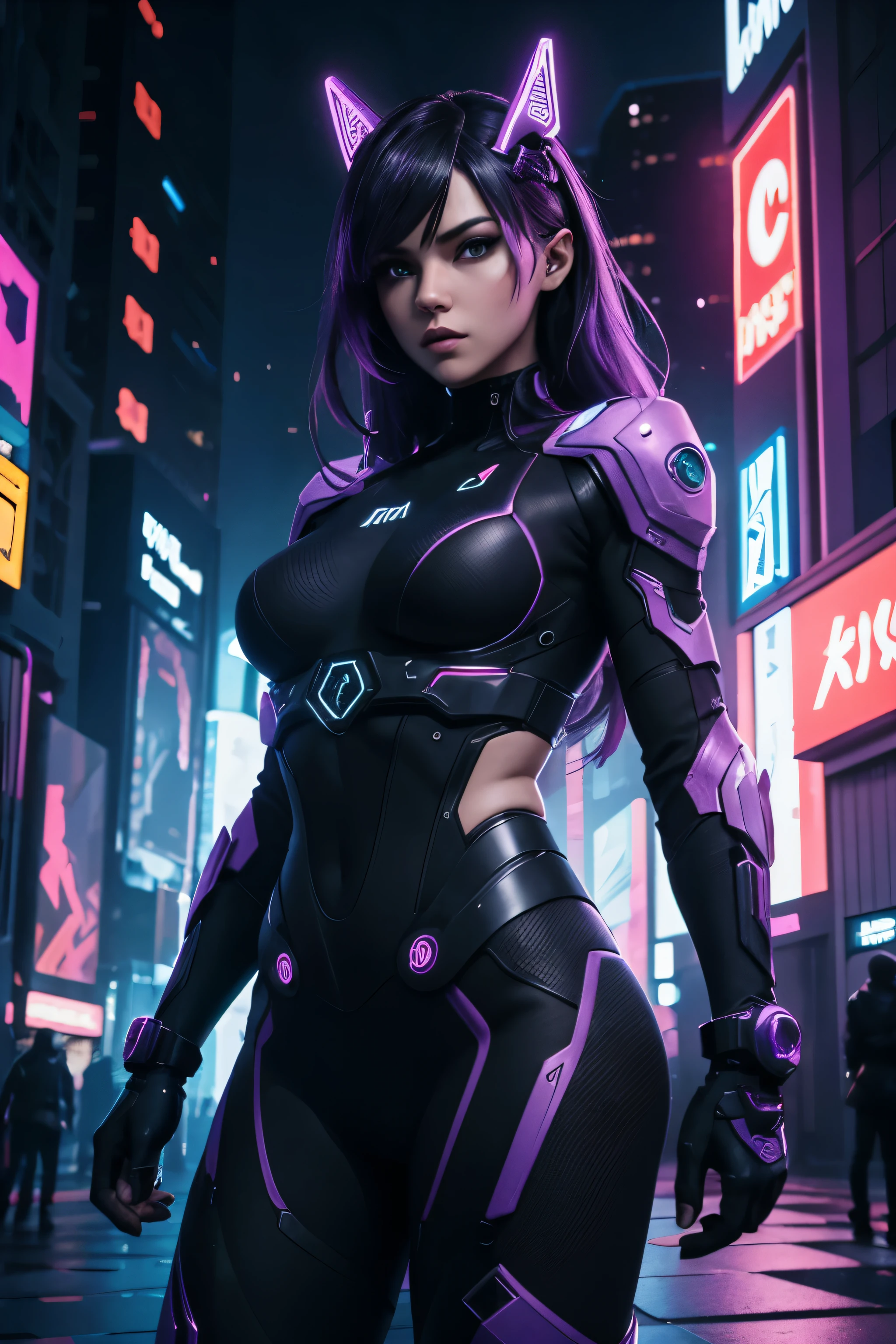 In the heart of the cyberpunk metropolis, a three-dimensional character comes to life with cartoonish exaggeration. The protagonist's body, imbued with a neon-lit allure, stands out against the solid color background. Holo pentagons, three-dimensional and colored in a captivating purple hue, intertwine and dance as part of the background, adding an extra layer of depth and intrigue to the scene.
The character's features are defined with bold lines and sharp angles, their expression a mixture of curiosity and determination. Their clothing is a hodgepodge of technologically advanced fabrics and cybernetic enhancements. The character's eyes, with