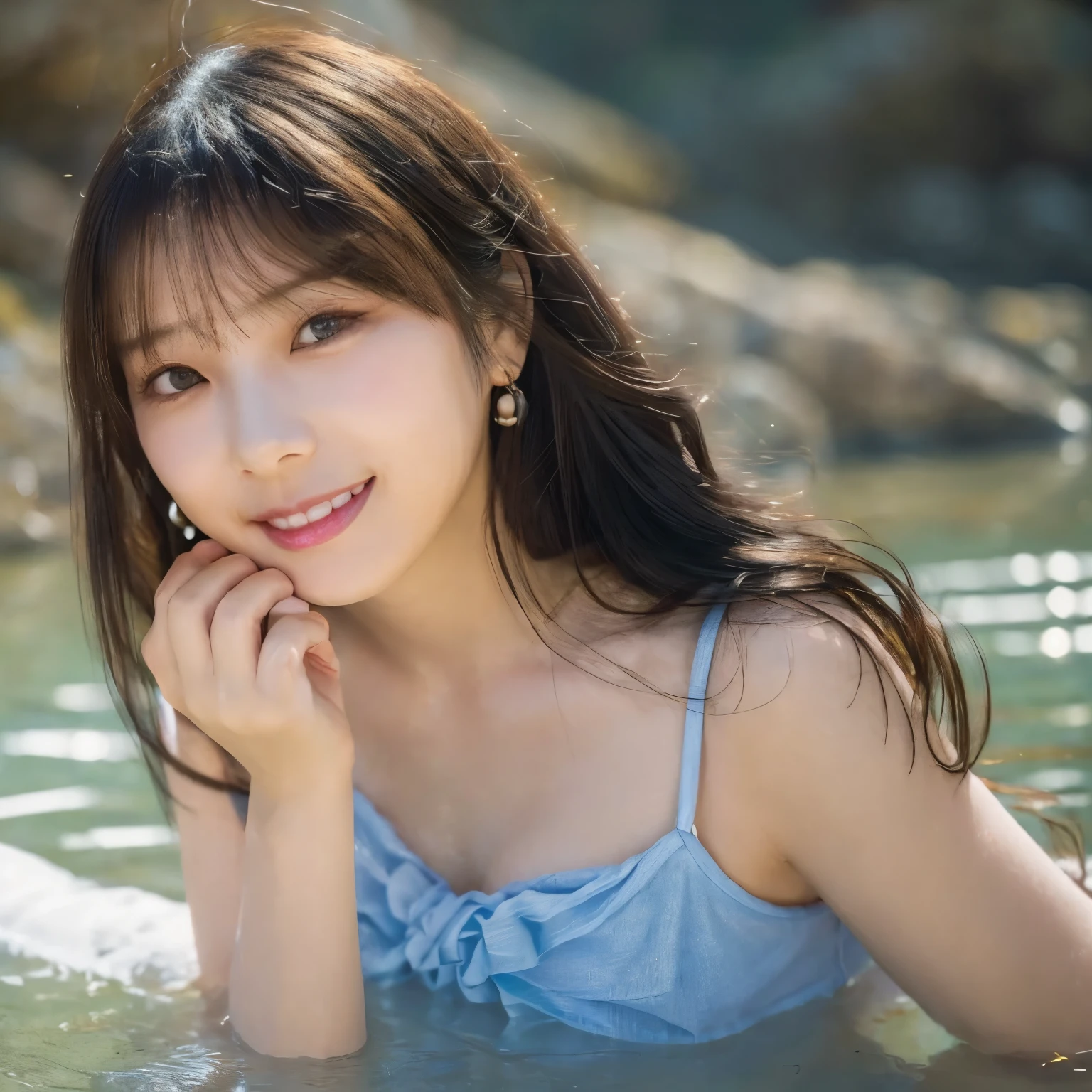 A hot spring resort in the mountains of Japan,beautiful mountain in background々,open-air bath、(視界を遮る熱湯煙 rock bathから立ち上る水蒸気:1.3),(rock bath:1.3),(open-air bathで肩を深く浸かる:1,3),cheeks turn red、smile shyly、(beautiful girl) 、blushing with embarrassment、dreamy eyes、A smile that confuses the viewer、Check out the photographer、skin shining with sweat、look at the viewer,necklace、earrings、pointed red mouth,perfect round face,,proper body proportions,intricate details,very delicate and beautiful hair,realistic pictures,dream-like,professional lighting,realistic shadow,focus only,beautiful hands,beautiful fingers,Detailed functions of fingers,Detailed arm functions,Detailed characteristics of hair,detailed facial features,(highest quality,Ultra high resolution output image,) ,(8K quality,),(Image mode Ultra HD,)