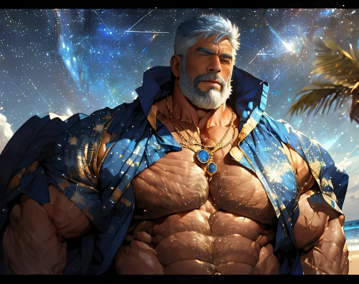 A big one, muscular old man，Sixty-five years old，Sapphire blue beach shirt，sapphire necklace，gold trim，He showed off his huge muscular chest，He showed off his great pecs，Energetic，Behind him is the brilliant starry sky ，He showed off his strong chest muscles，Looking to the future，pornography，Sexy