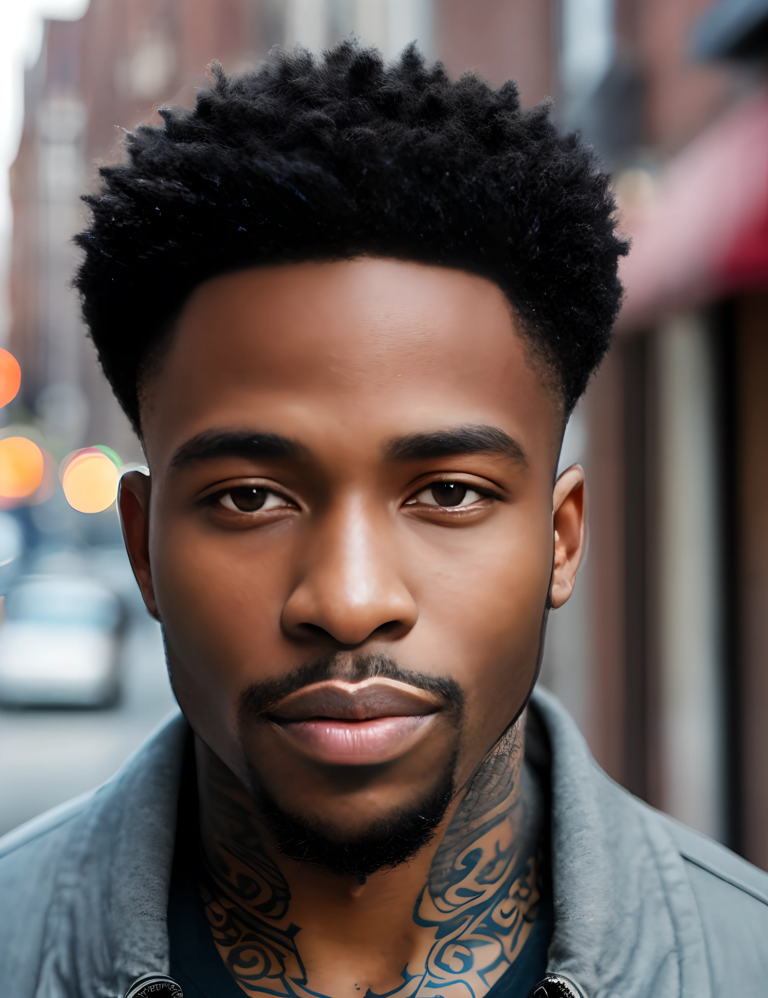 hyper realistic , Ultra detailed, photo d'un homme africain robuste et beau, 20 ans, sourcils masculins épais, prominent labia majora, tattooed, Face avant, Ultra detailed, ultra precise detailed, Prise de vue avec un appareil photo Canon EOS RI à une distance focale de 50 mm avec un objectif 1.4 ouvertures. 4k, 8K. Maquillage épais et expression timide, photo prise dans les rues de Brooklyn, New York