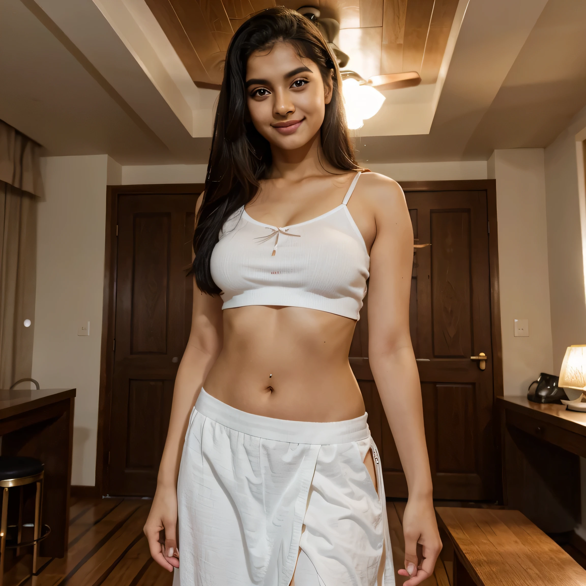 25 year beautiful indian girl with white skin glow and owl face with blounded hair , standing on restuarent with no bindi on forehead,with beautiful smile and bluish eyes