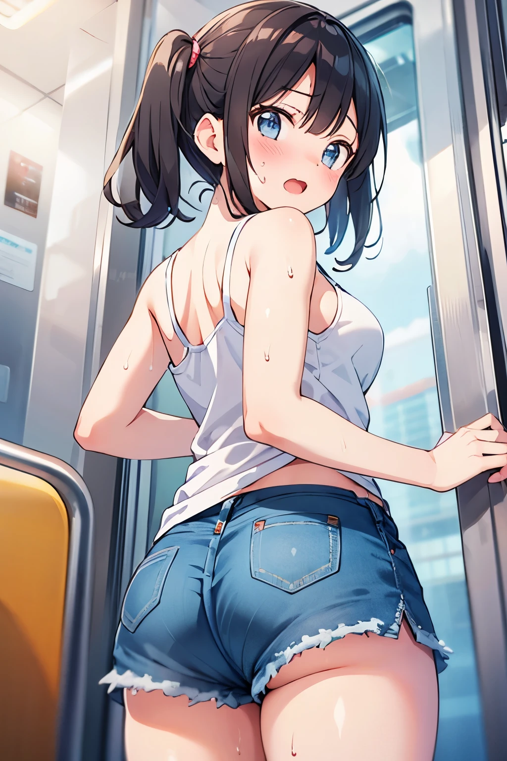 girl, tanktop, ass grab, on the train, miniskirt, black hair, short hair, waved hair, twintail, looking back, from below, masterpiece, best quality, 1 girl, detailed beautiful face, (molesting), embarrassed, sweat, blush, denim shorts, hotpants, opened mouth