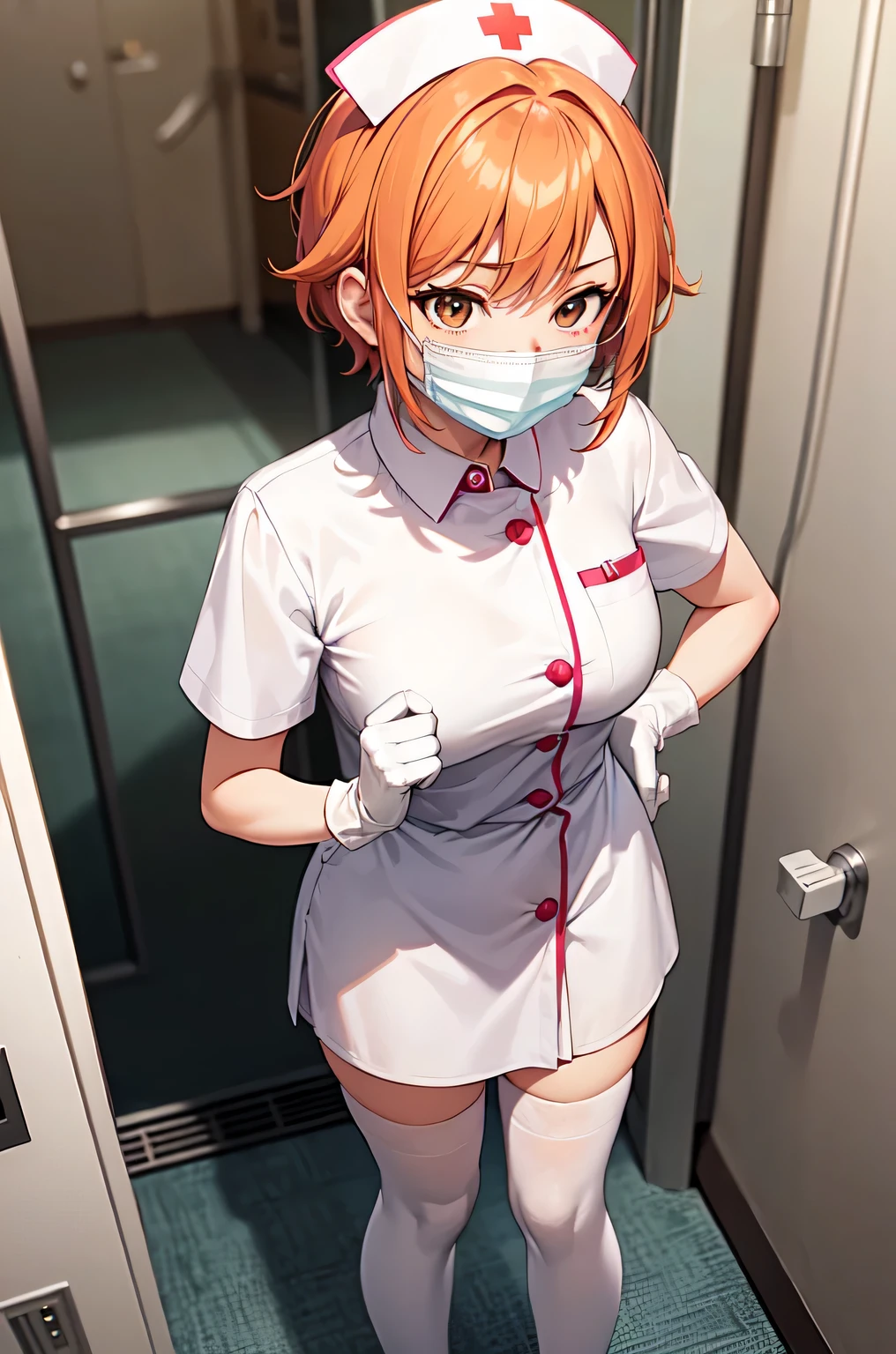 1girl, solo, nurse, nurse cap, white nurse uniform, ((white legwear, zettai ryouiki)), white gloves, very short hair, orange hair, ((white surgical mask, covered nose)), standing, ((hospital room)), sharp outline, short sleeves, tomboy, boyish, best quality, masterpiece