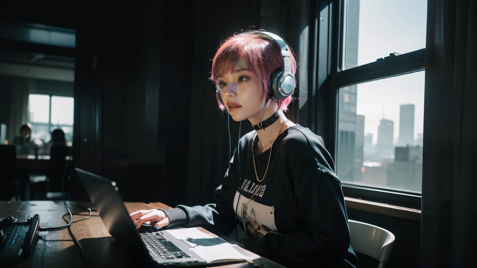 (arafed woman with headphones looking out of a window at night, girl blue glowing headphonesを着用している, blue glowing headphones, With headphones glowing blue, lofi girl, with headphones, lofi portrait at a window, dreamy cyberpunk girl, listen to music, wearing headphones, Headphones On, Cute girl with pink short hair, white glowing headphones, headphones notebook dj rave, listen to music at 2 am, cyberpunk atmosphere,blue, black and white long sleeve sweatshirt,She is wearing a cyberpunk multicolored top from a top brand,Wearing a black choker,A candle in a glass is lit,You sit in a high-rise building room, where the dazzling cityscape at night spreads out from the full-length windows. The room is filled with dazzling LED lights, and the window frames radiate white, blue, and gold lights.
This charming scene、Symbolizing futuristic city life、A story that perfectly combines technology and elegance.