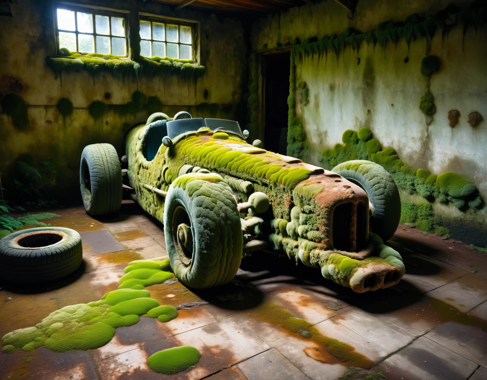 an F1 car rusting parked in old rusted garage with a floor covered with  ral-mold, Mold and moss, Dry rubber cracked tire, Showing the beauty of decline and transformation, Dynamic, cinematic, masterpiece, complex, high dynamic range ，