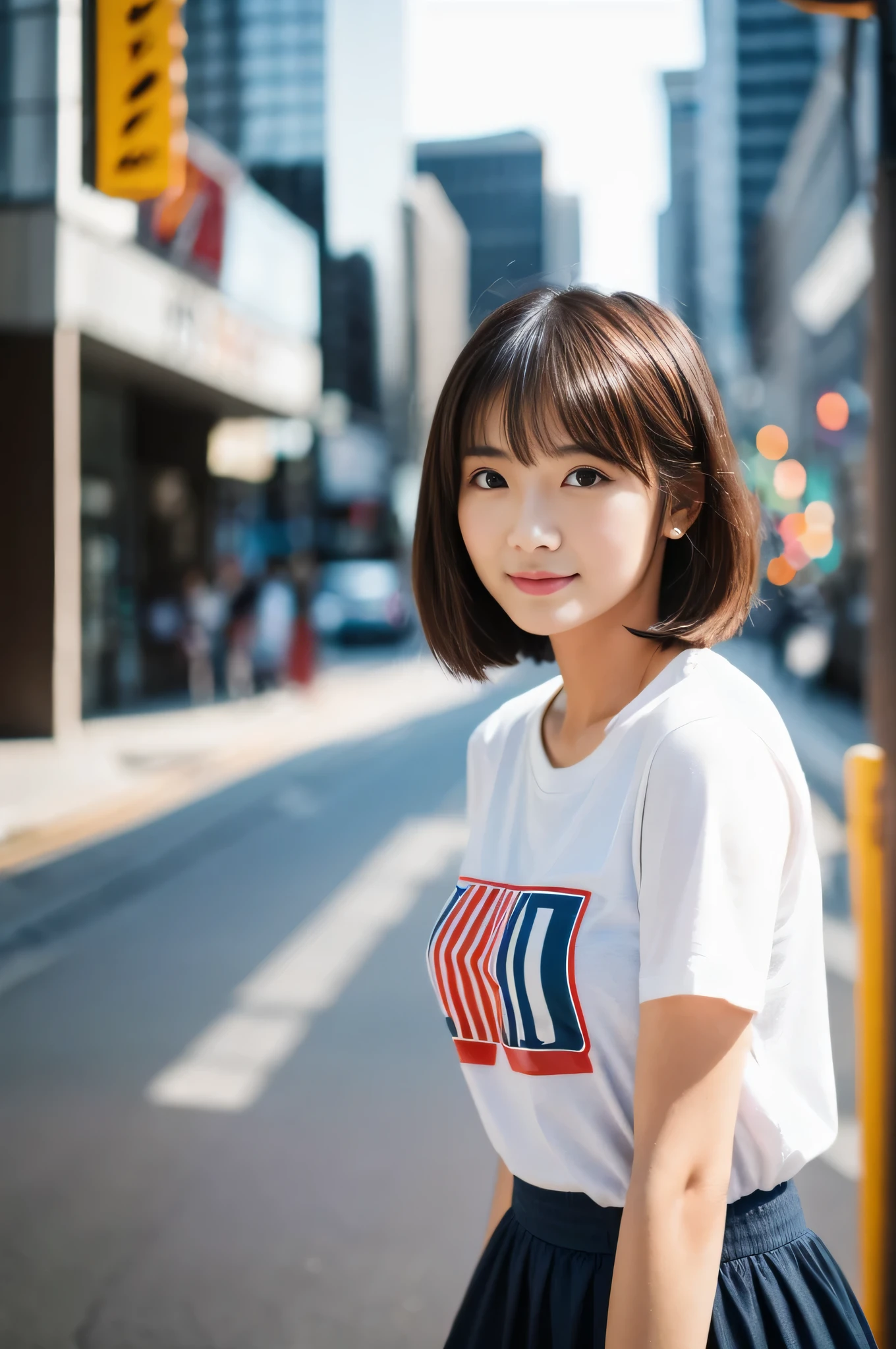 highest quality,masterpiece,32k,sharp focus,150mm,F1.4,professional lighting,cinematic lighting,natural light profile,slim and smooth lines,beautiful japanese woman,25 year old girl,Are standing,street,short hair,light brown hair,T-shirt,mini skirt,Hilarious,