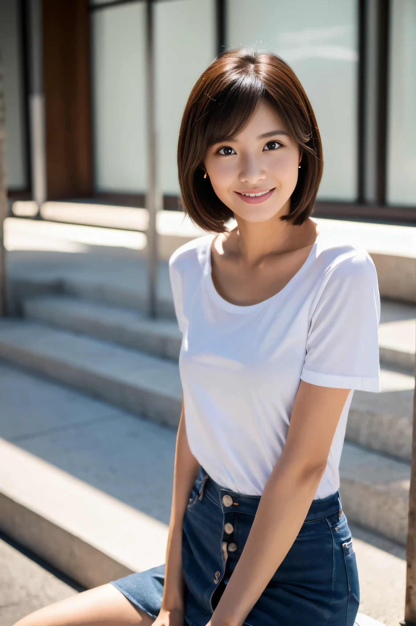 highest quality,masterpiece,32k,sharp focus,150mm,F1.4,professional lighting,cinematic lighting,natural light profile,slim and smooth lines,beautiful japanese woman,25 year old girl,Are standing,street,short hair,light brown hair,T-shirt,mini skirt,Hilarious,