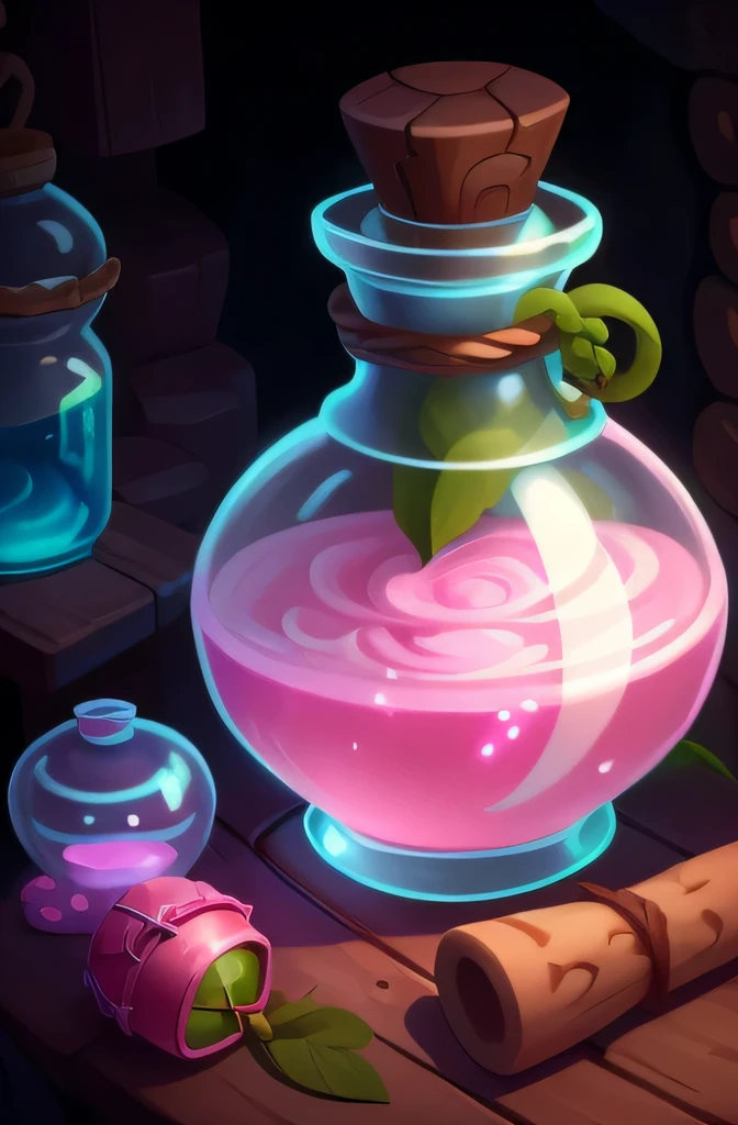 brewing lotion in witch hut,Pink，lotion of healing, lotion, lotion belt, lotion, health lotion, Fantastic terrarium graphics, glowing jar, cel shading, making a lotion, Alchemist&#39;vial pain，Dreamy and magical