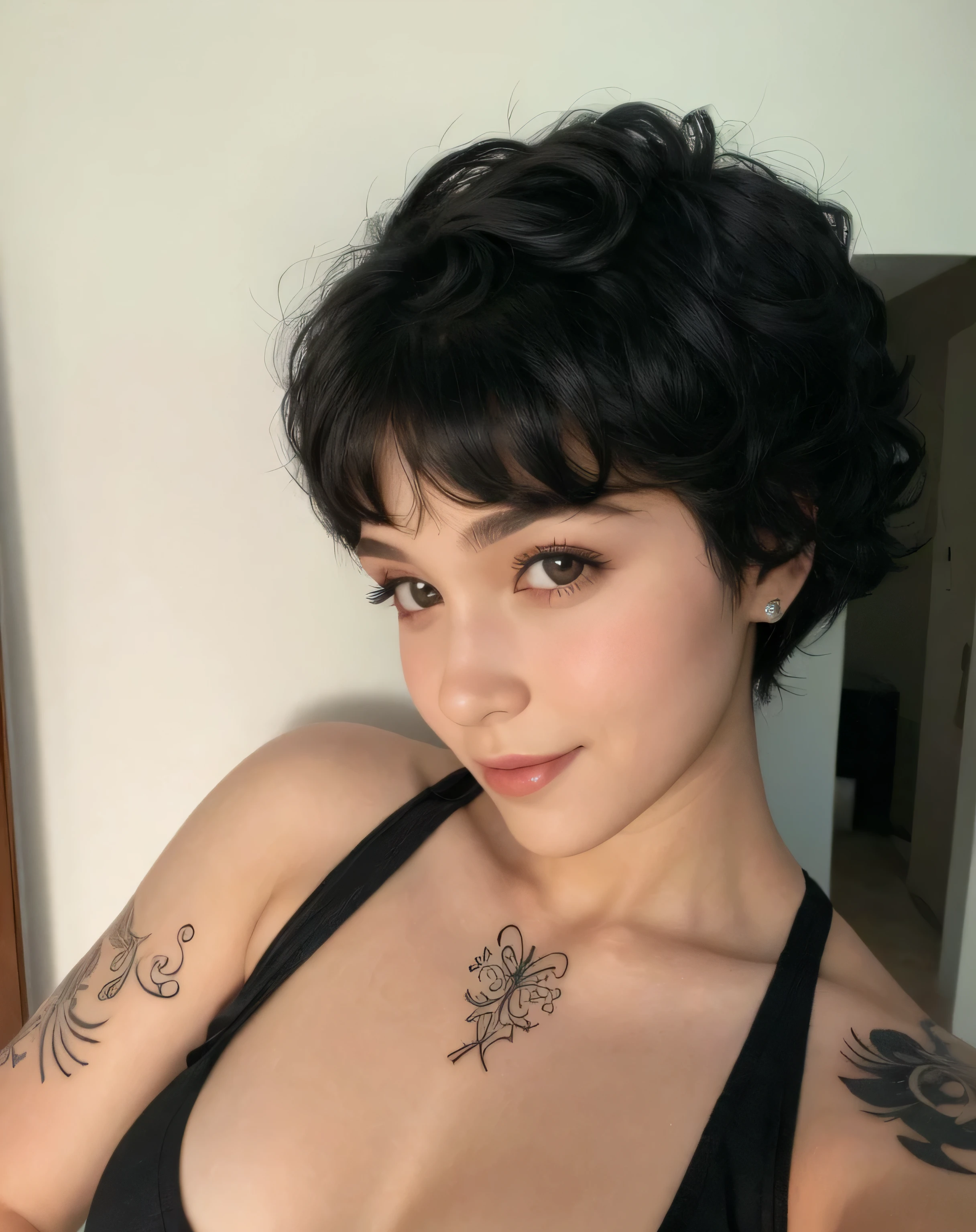 Leaves'uma mulher com uma tatuagem no peito e uma regata preta, cabelo encaracolado de duende, curly corte de duende hair, dark Cabelo cacheado curto smiling, cabelo cacheado e curto, very Cabelo cacheado curto, Cabelo cacheado curto, cabelo preto curto, com cabelo curto, cabelo muito curto, franja encaracolada, corte de duende, cabelo preto curto e cacheado, cabelo curto preto