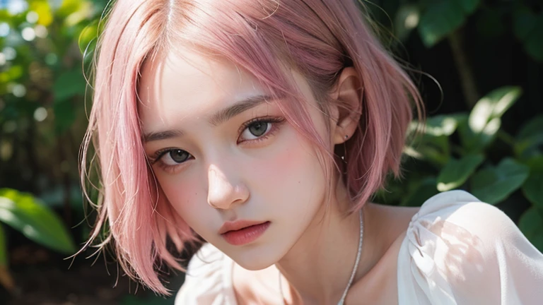 (bob cut hair, pink hair:1.2),(Wearing a blouse:1.2),1 girl,Japanese,21 years old,(small breasts:1.3),(highest quality,masterpiece:1.3,超A high resolution,),(Super detailed,caustics),(Photoreal:1.4,RAW shooting,)ultra-realistic capture,very detailed,High resolution 16K human skin close-up。 natural skin texture、,The pores are、、、Must be detailed enough to be easily identified。 Skin should look even-toned and healthy。 Use natural light and color, sad expression, look at the camera, perfect dynamic composition, outdoor