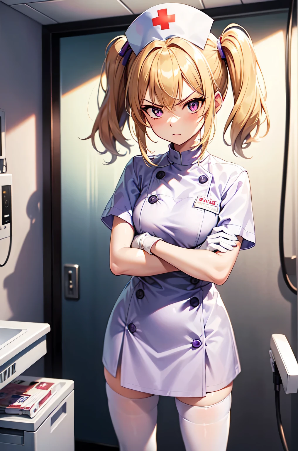 1girl, solo, nurse, nurse cap, white nurse uniform, ((white legwear, zettai ryouiki)), white gloves, twintails, yellow hair, purple eyes, angry, crossed arms, standing, ((hospital room)), sharp outline, short sleeves, best quality, masterpiece