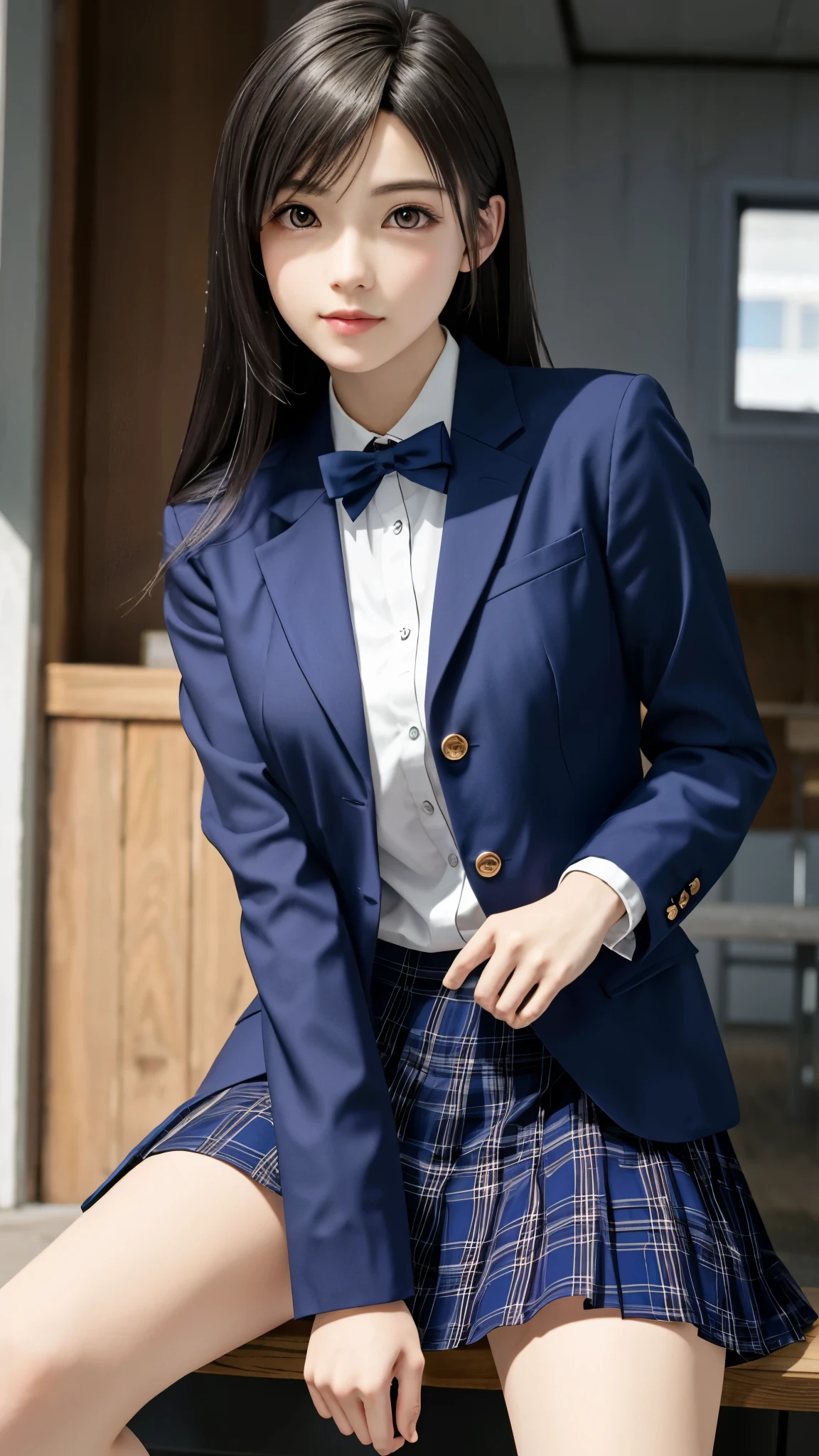 {top quality, 4k, masterpiece},{{{Realistic}}},wallpapers, BREAK {{{FF7,Tifa_lockhart,solo}}},{{{Japanese JK uniform, Navy Blue blazer, collared school shirt, long-sleeved, Navy Blue Plaid Pleated mini-Skirt, loafers}}},school bag,{{background big city, Shibuya, neon}},Cinematic lighting, city light at night,{{model pose, Nogizaka idol}},Ultra-detailed face, Detailed eyes, Red eyes, BREAK (((FF7,Tifa_lockhart))),{black brown hair, medium breasts}, BREAK , About 18 years old, kawaii,{{{face focus}}}, looking away, Beautiful legs, sitting