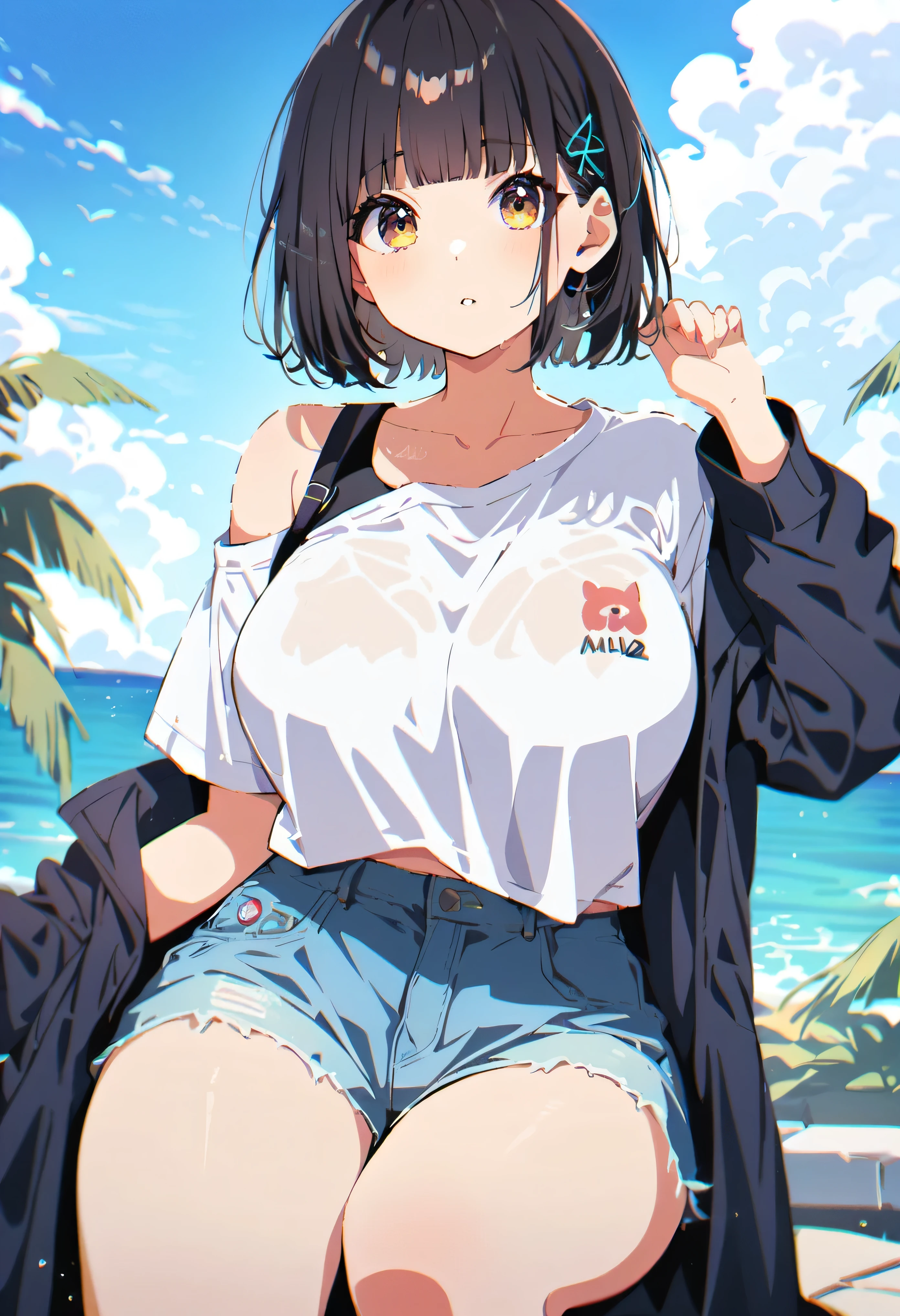 T-shirt, coat, (highest quality:1.0), (ultra high resolution:1.0), 8K, Raw photo, (masterpiece:0.2), , Zaid G, 1 girl, fine skin, looking at the viewer, brown eyes, (short hair with bangs:1.2), (big breasts:1.0), (big areola:0.8), , (face to face with the children_V1:0.5)
