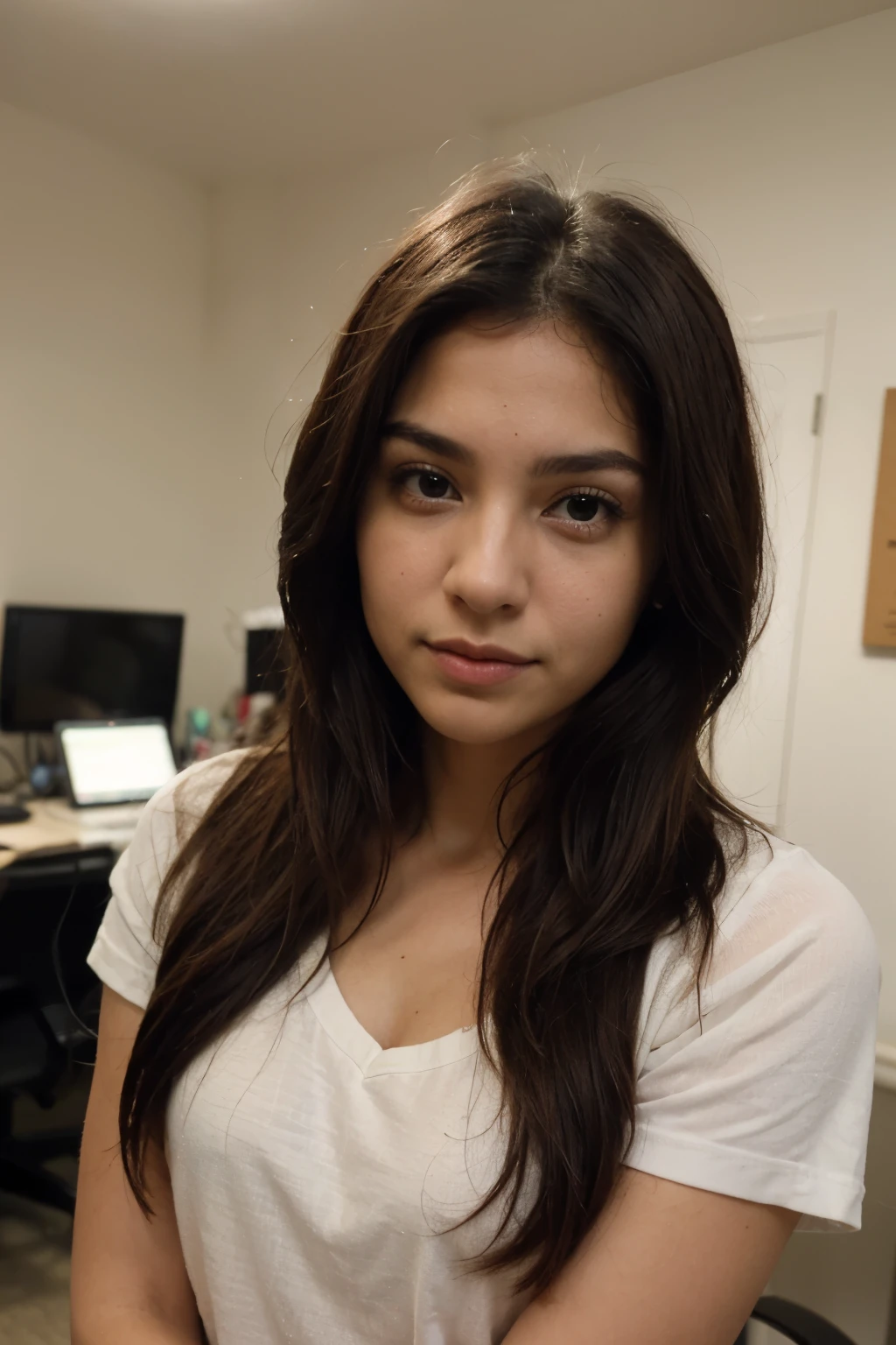 ((Selfie with a phone of a beautiful girl,Obra maestra: 1.3)), in a office background office cafe wear tshirt and jeans, Disfrutando, Hija, primavera, Chica caliente, (((Busto pesado))), black-hair, pony tail, face symmetrical, photoreallistic, Cinematographer, Phone camera, natural lighting, magnifica, escote, occidental, lo-fi, High resolution, extremadamente detallado, piel con poros, realistic lighting, Luz natural, Rostro natural, topos, Pose de Instagram, influencia, Baja fidelidad, imperfecto,28 year old,