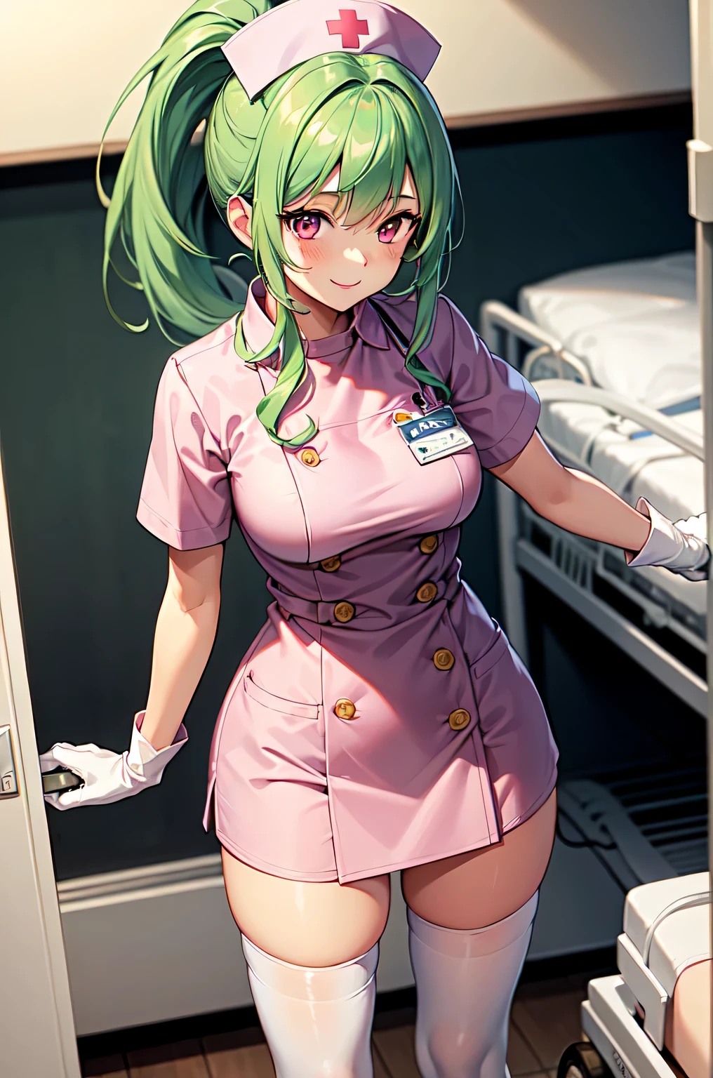 1girl, solo, nurse, nurse cap, white nurse uniform, ((white legwear, zettai ryouiki)), white gloves, ponytail, green hair, pink eyes, smile, standing, ((hospital room)), sharp outline, short sleeves, best quality, masterpiece